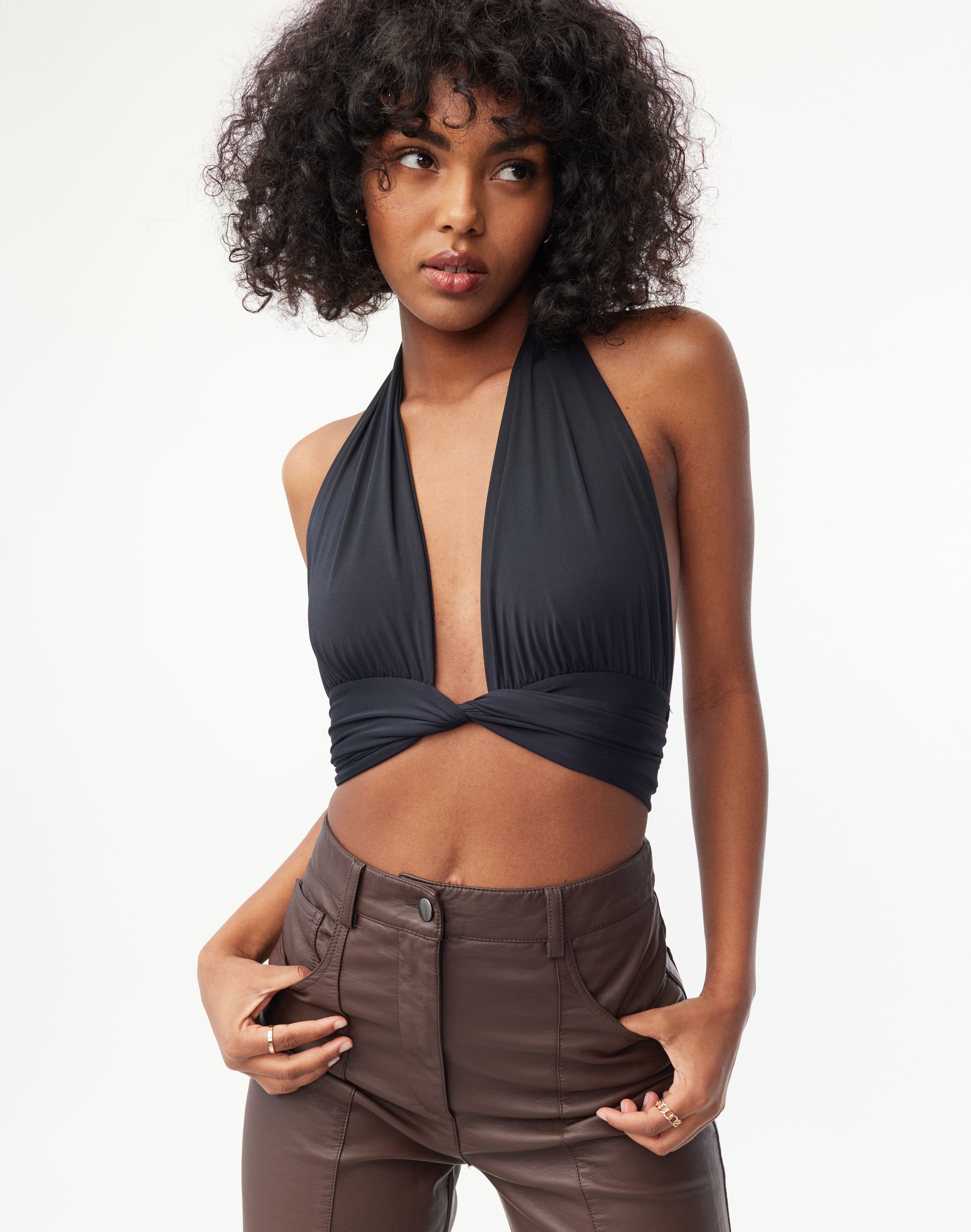 Ruched Halter Neck Crop Top in Black 