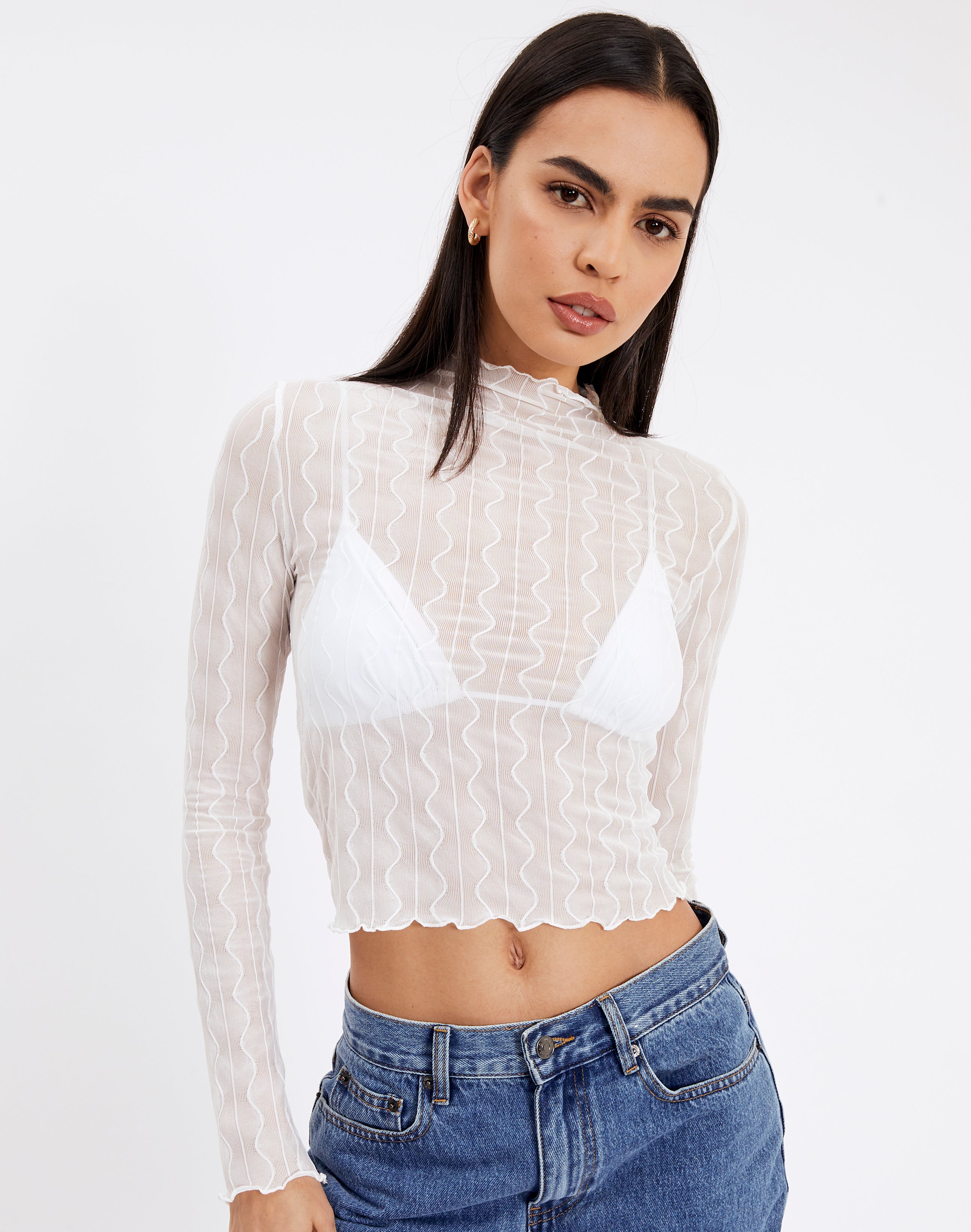 Textured Mesh Long Sleeve Top in White 
