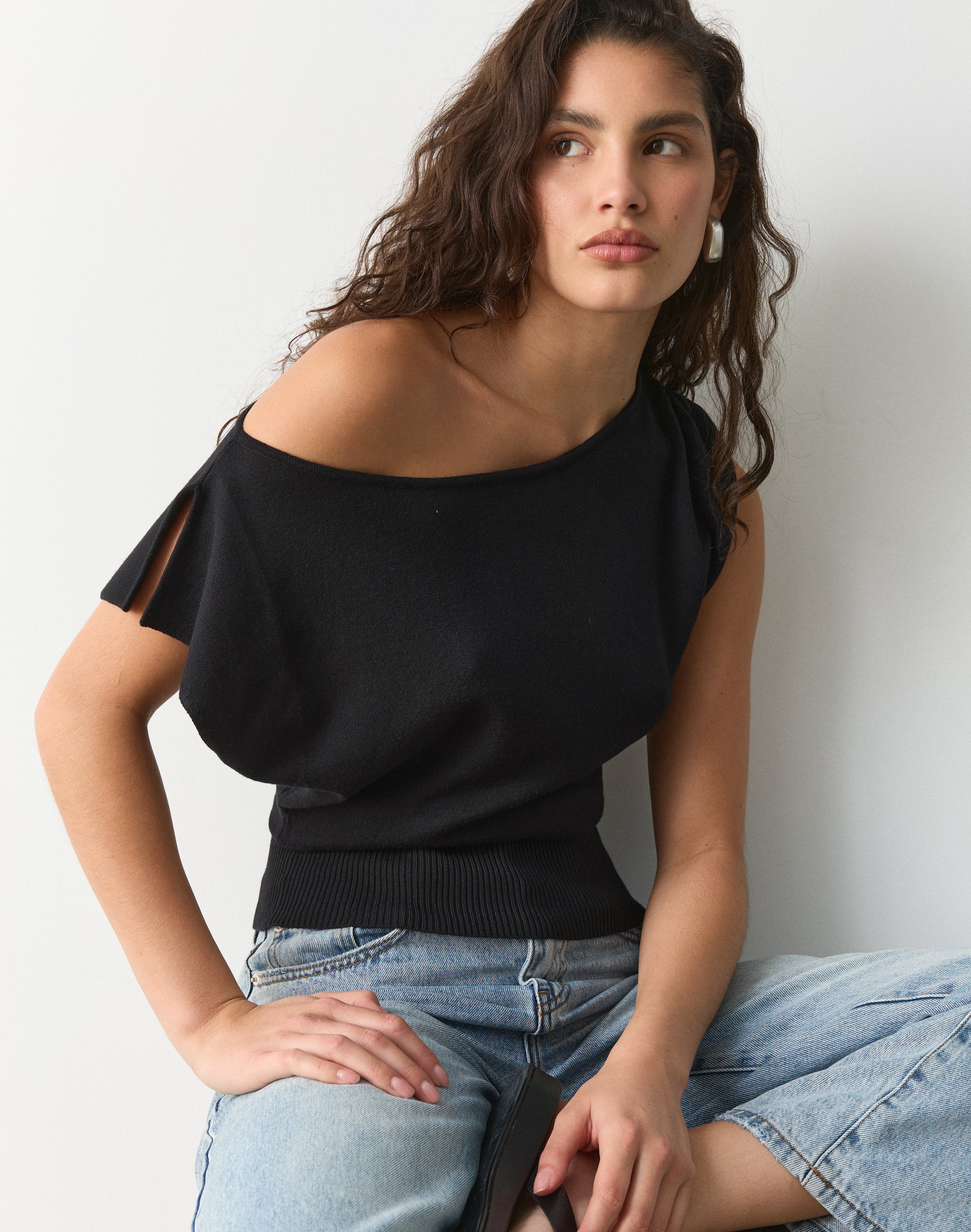Off Shoulder Rib Waist Knit Top in Black | Glassons US