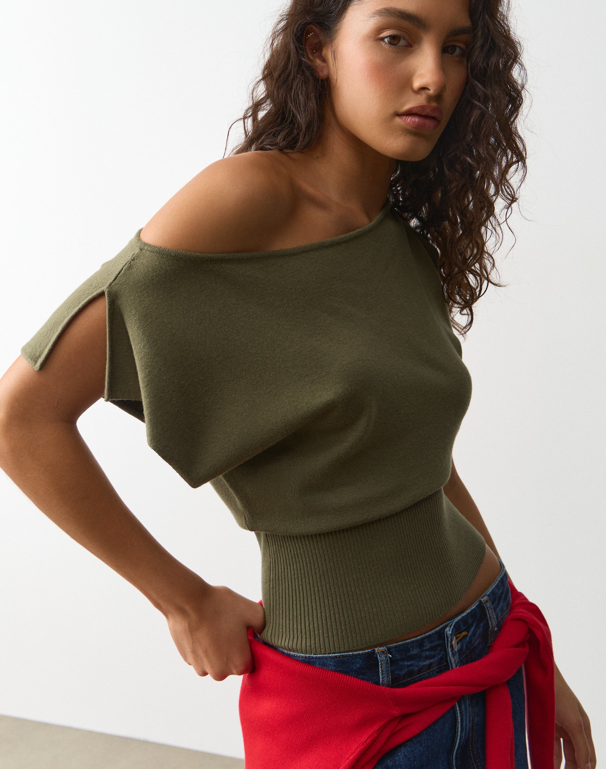 Off Shoulder Rib Waist Knit Top in Khaki | Glassons SG