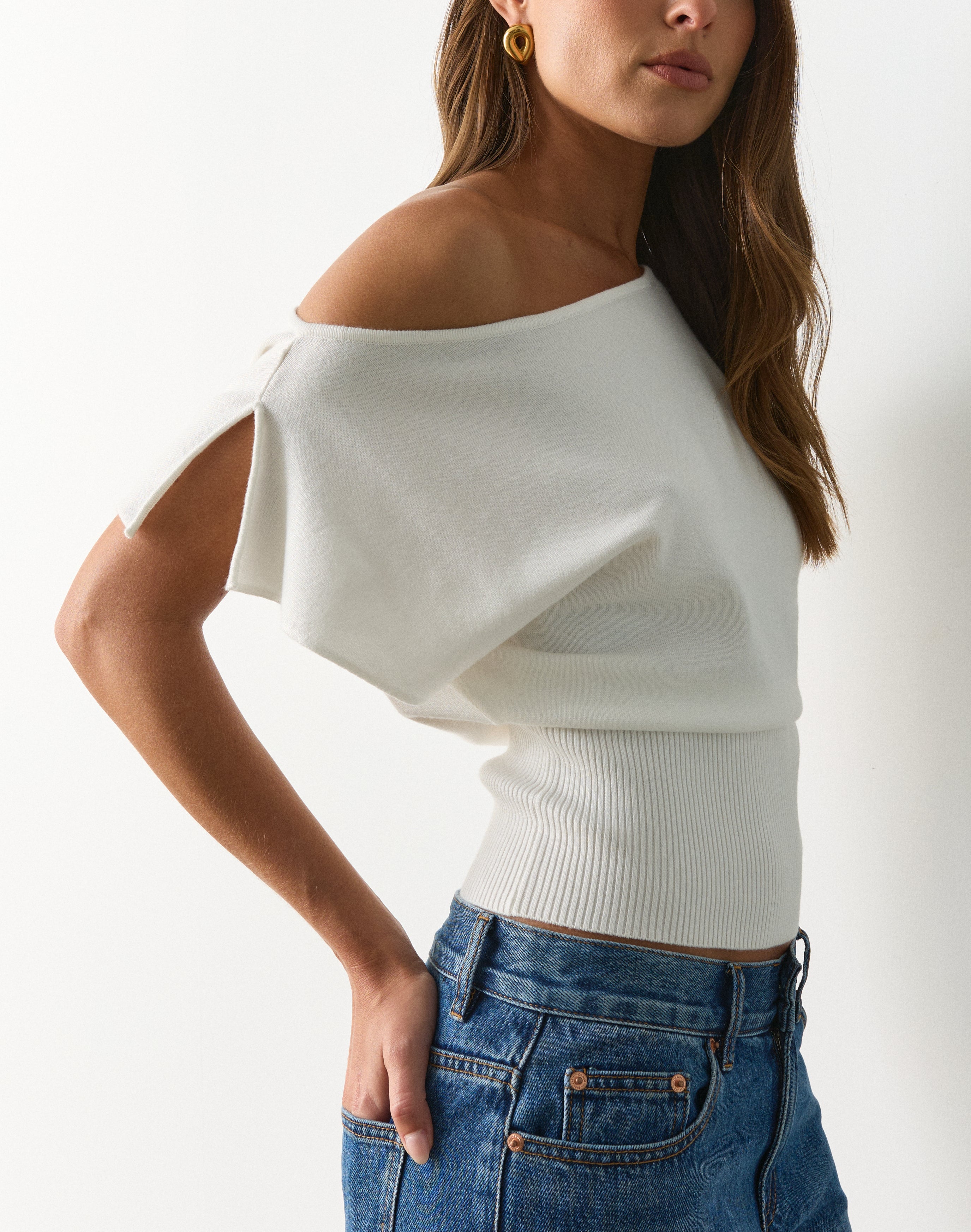 Off Shoulder Rib Waist Knit Top in Milk | Glassons AU