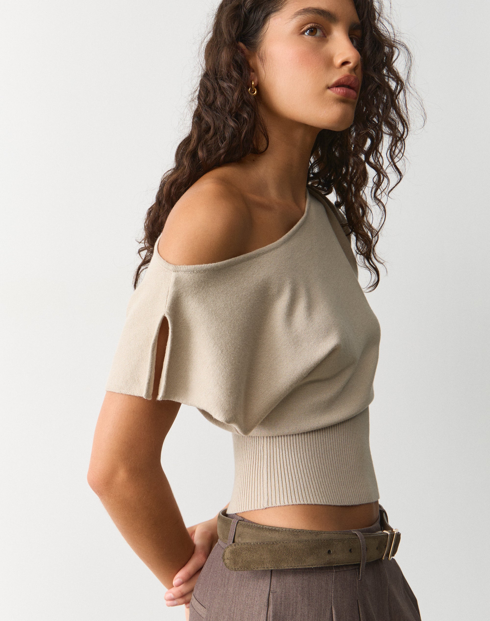 Off Shoulder Rib Waist Knit Top in Solid Sand | Glassons US