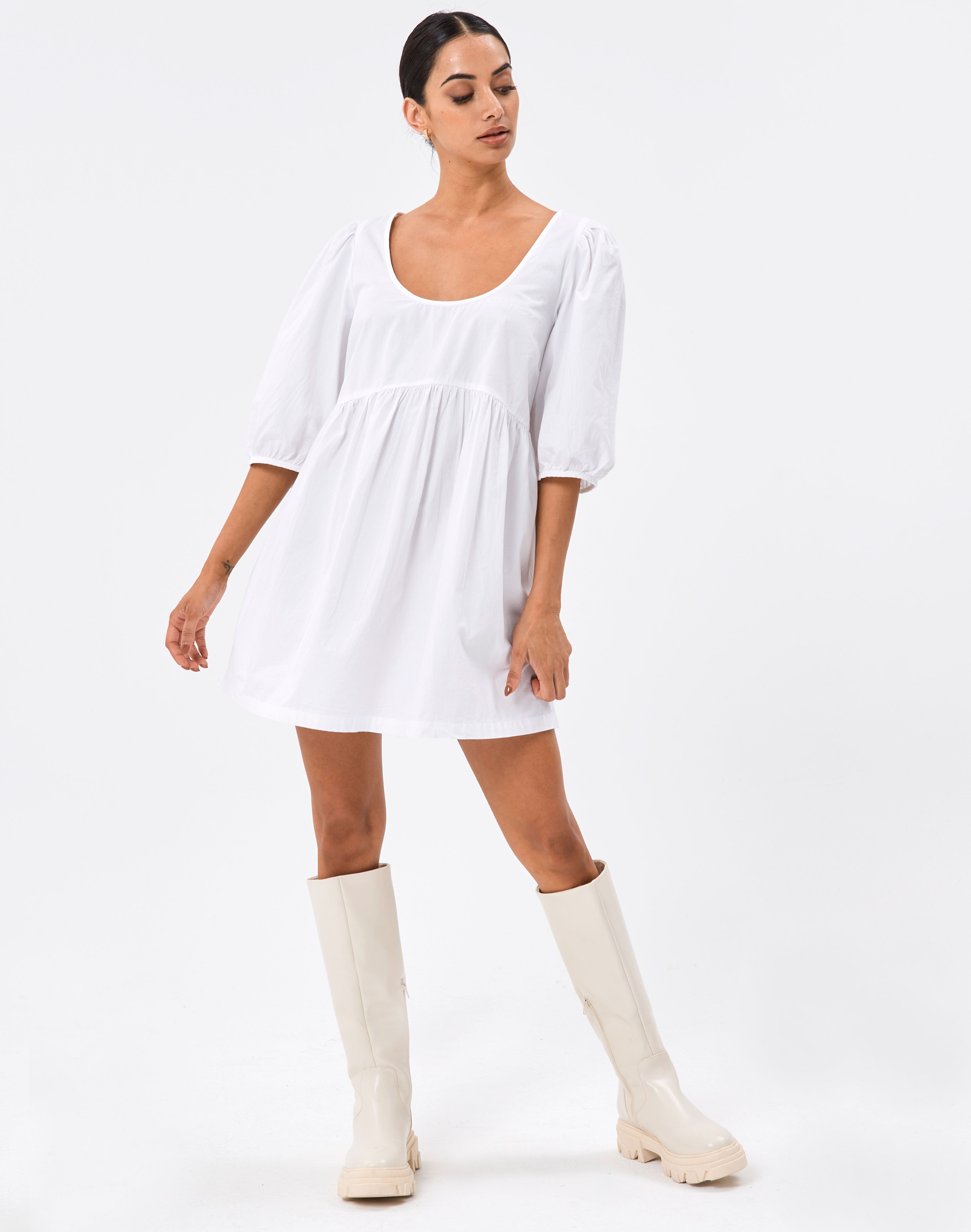 4 Sleeve Babydoll Dress in White 