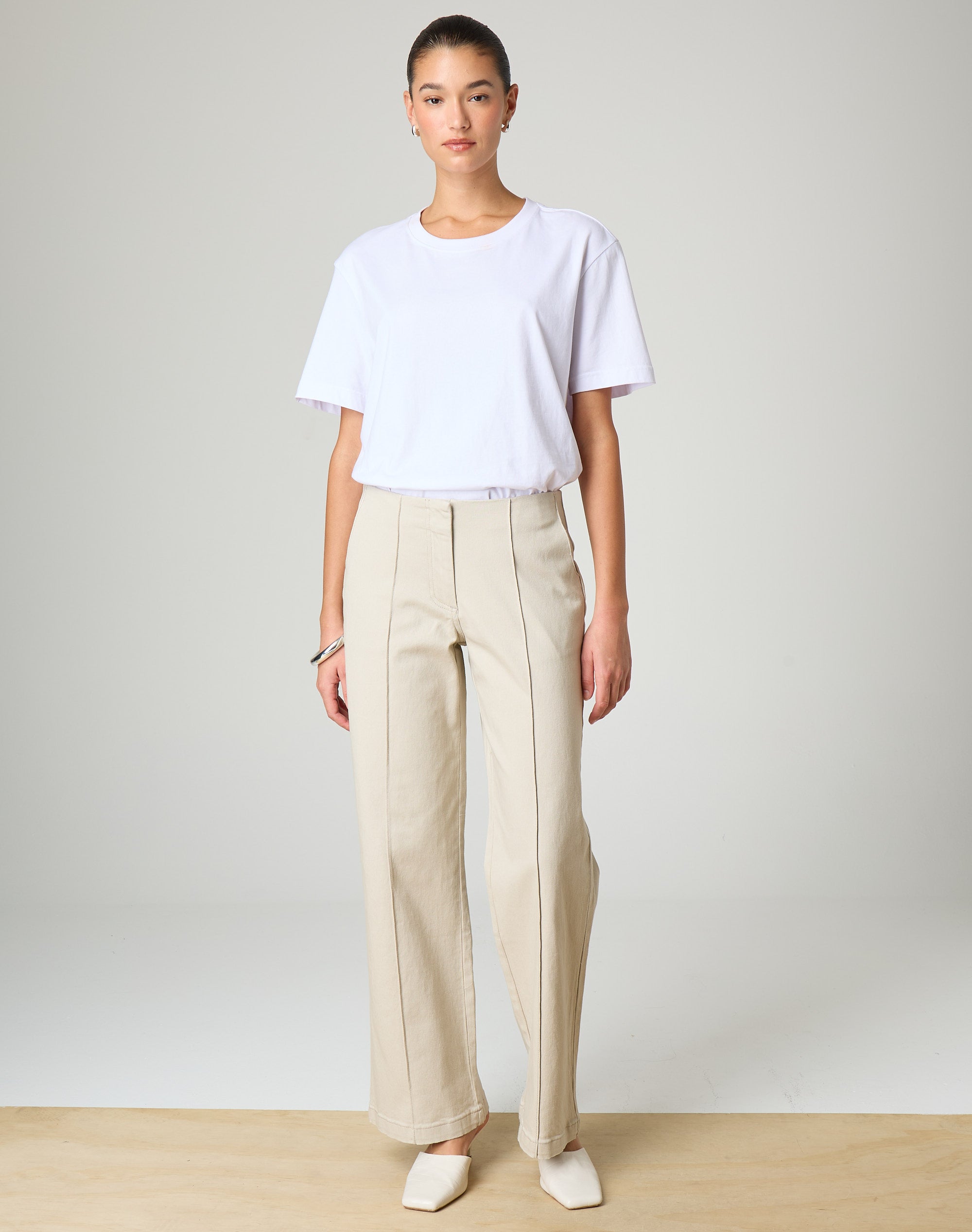 Pintuck Straight Leg Pant in Solid Sand | Glassons