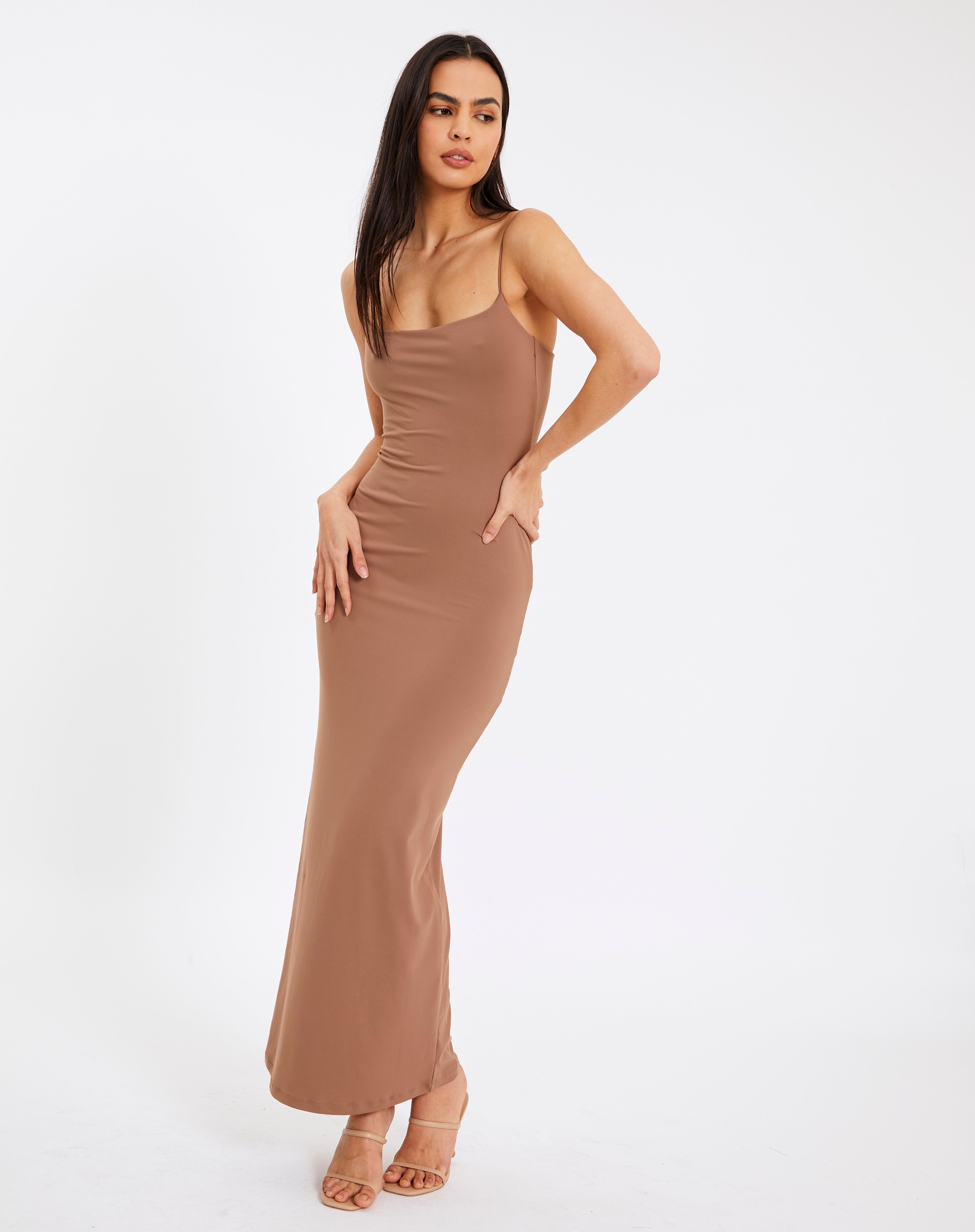 Slim Fit Contour Maxi Dress in Brown 