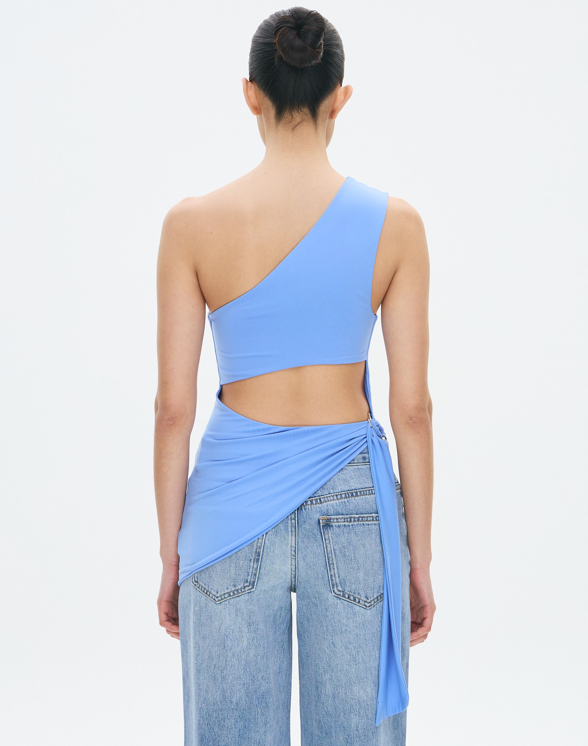 One Shoulder Asymmetrical Buckle Top in Cornflower Kiss X Silver