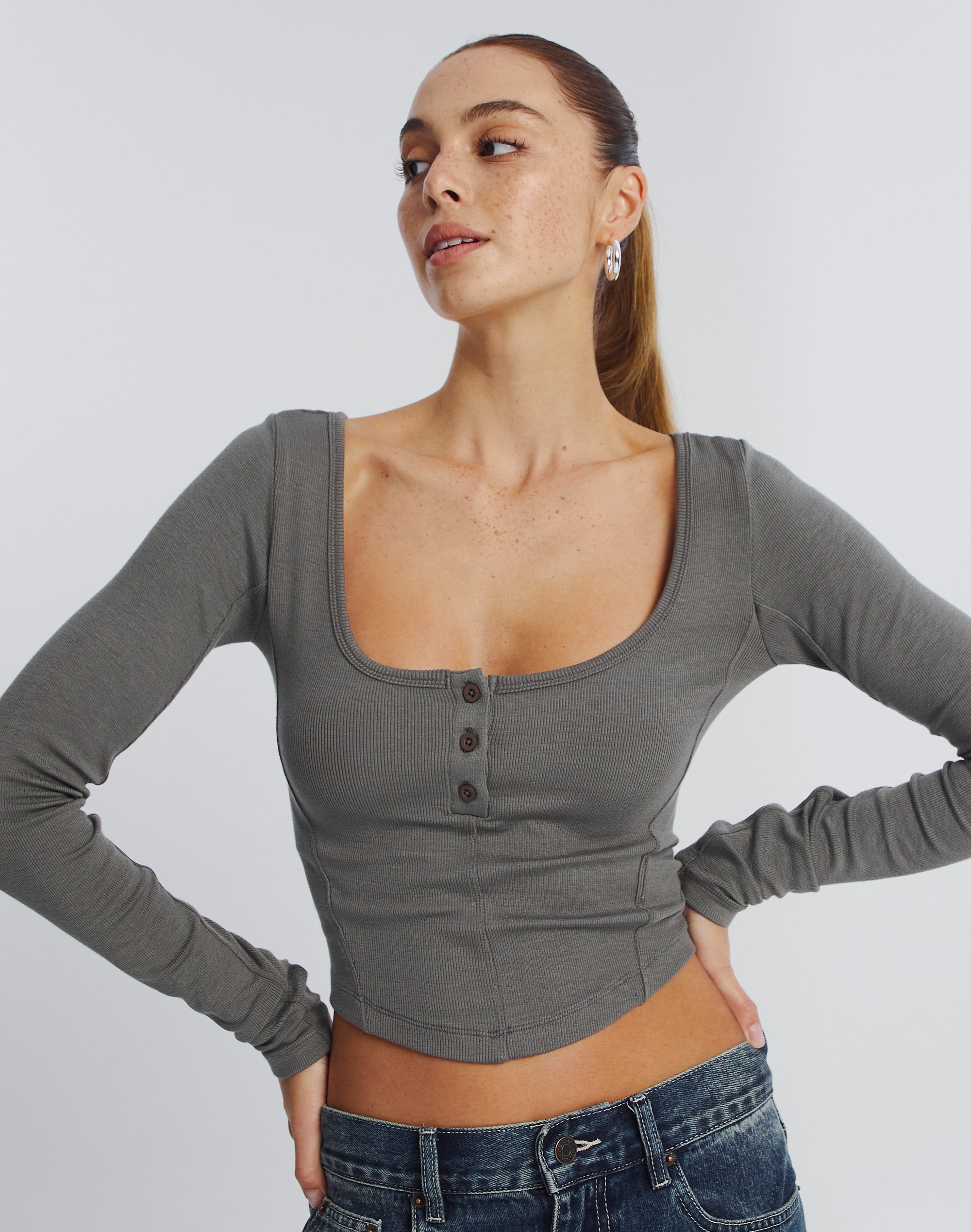 Luxe Lounge Modal Long Sleeve Button Crop Top in Green | Glassons