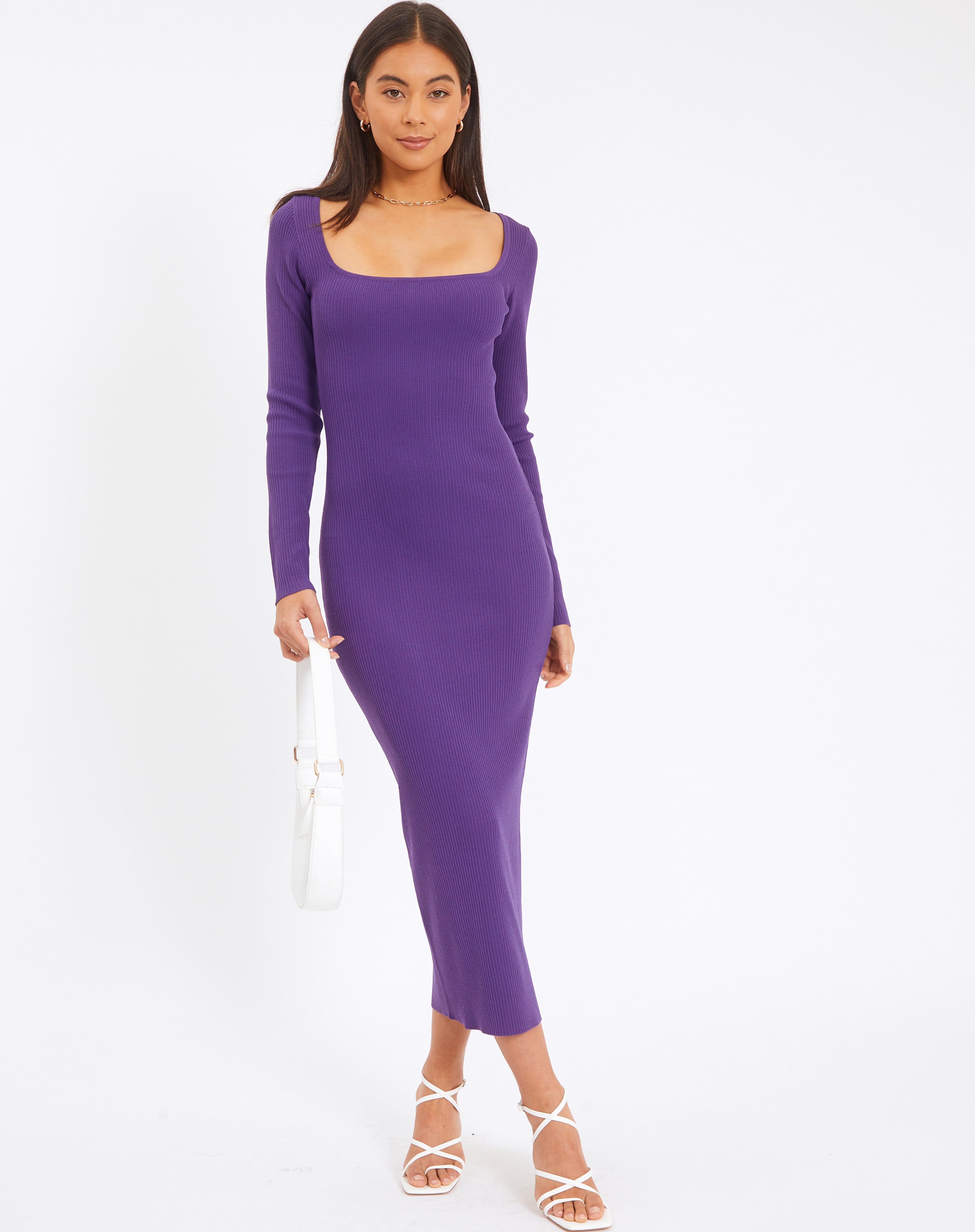 Square Neck Long Sleeve Knit Midi Dress 