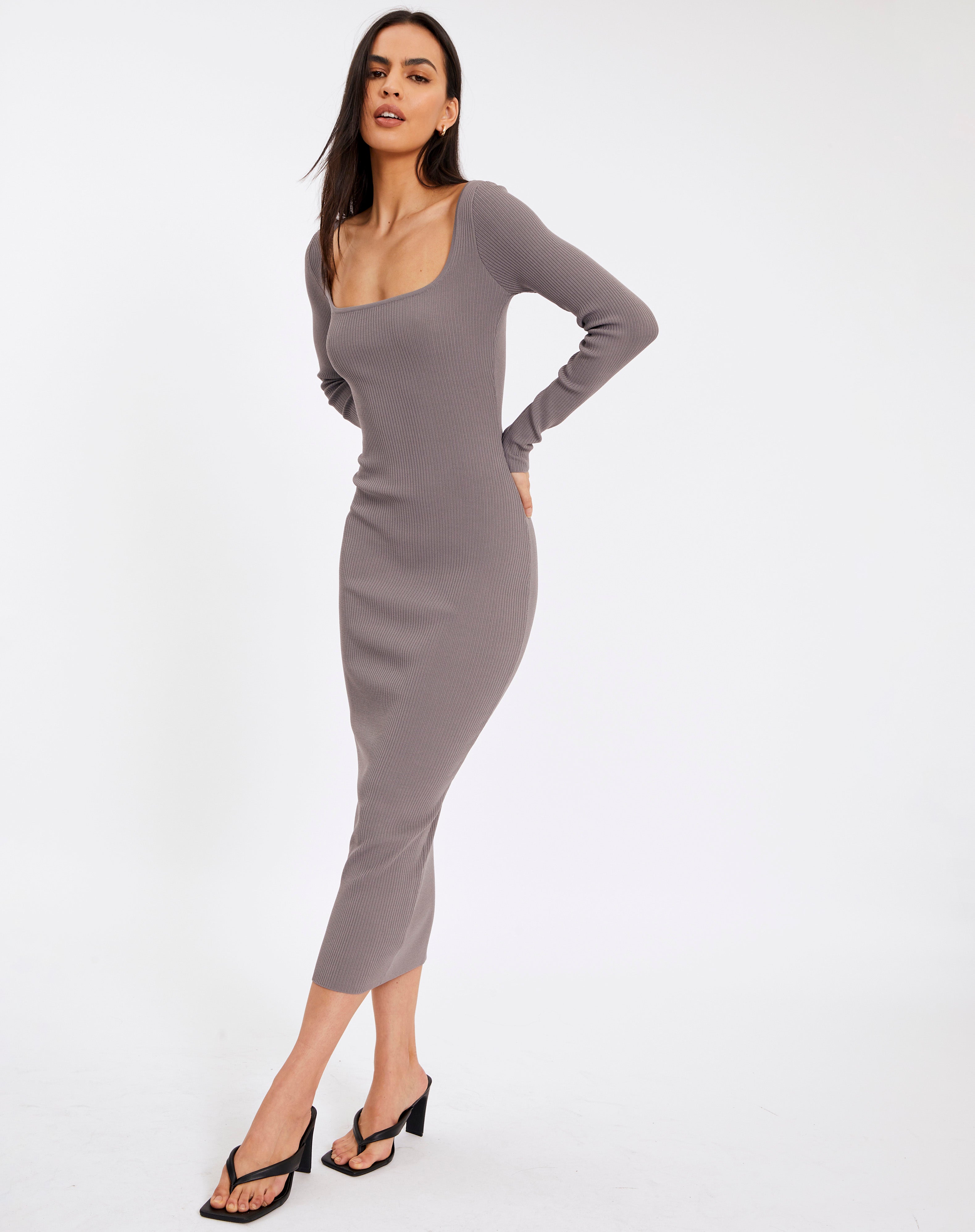 Square Neck Long Sleeve Knit Midi Dress 