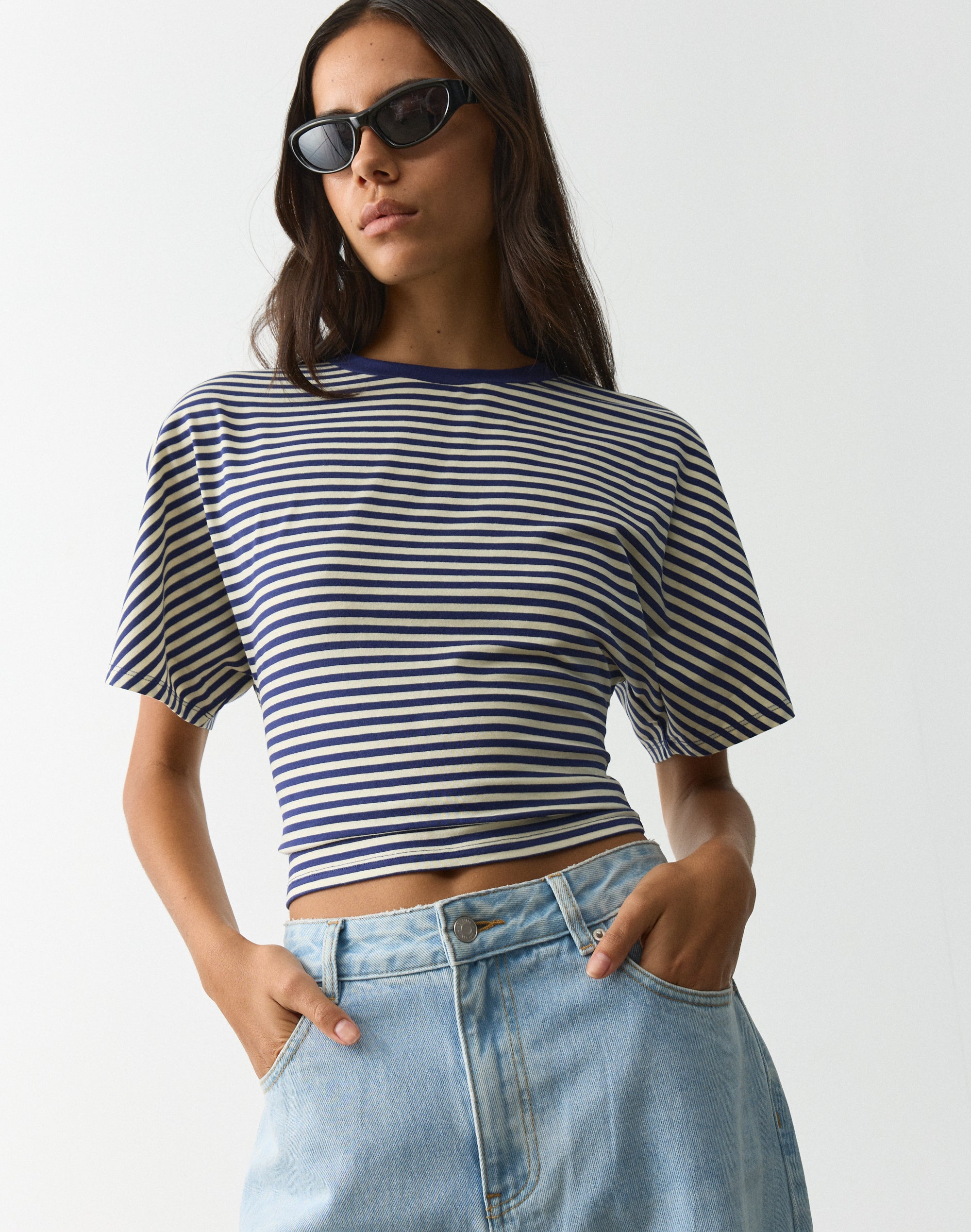 Cinched Short Sleeve Top in Navy Dusty Bella Stripe | Glassons AU