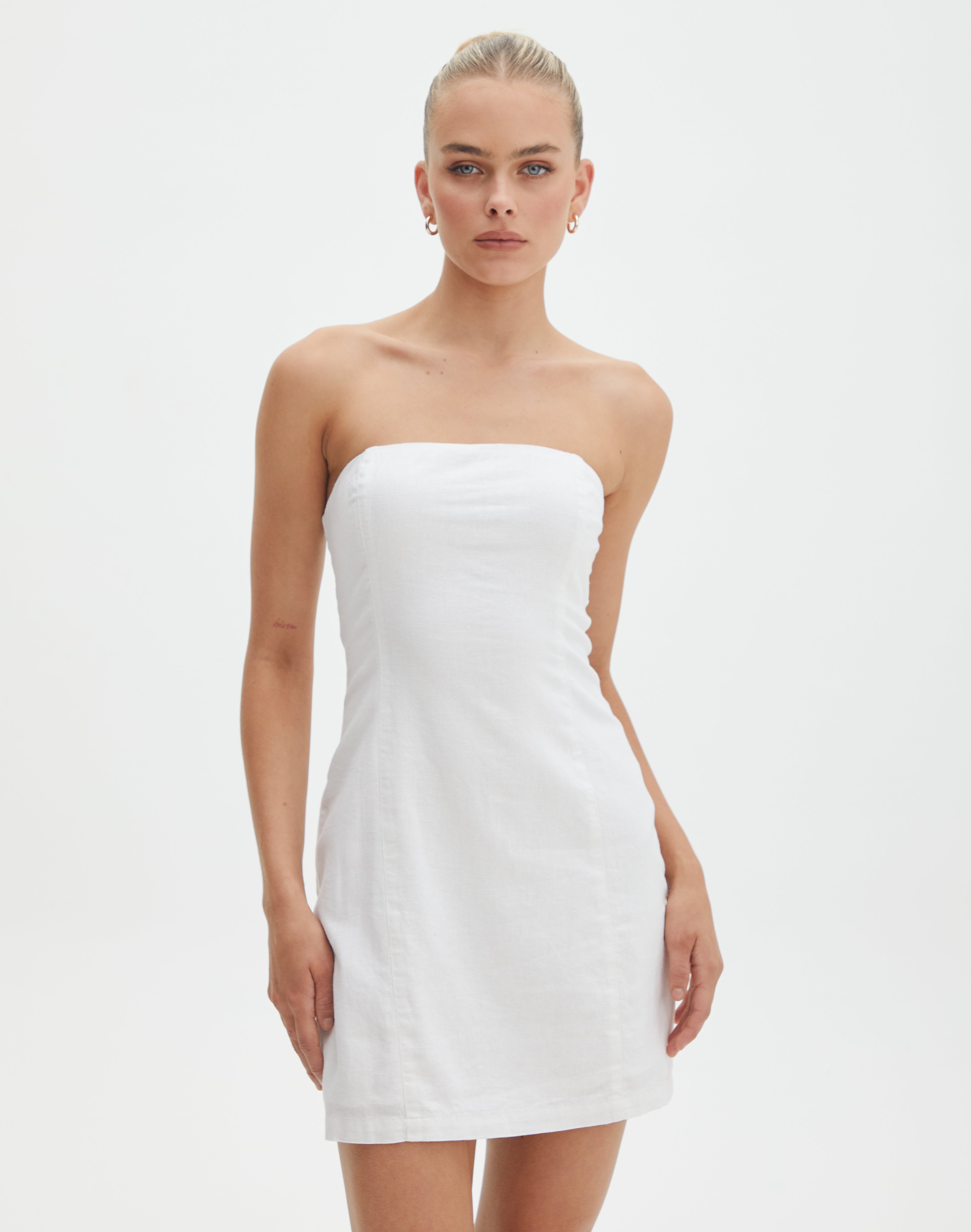 Strapless Linen Blend Mini Dress in White