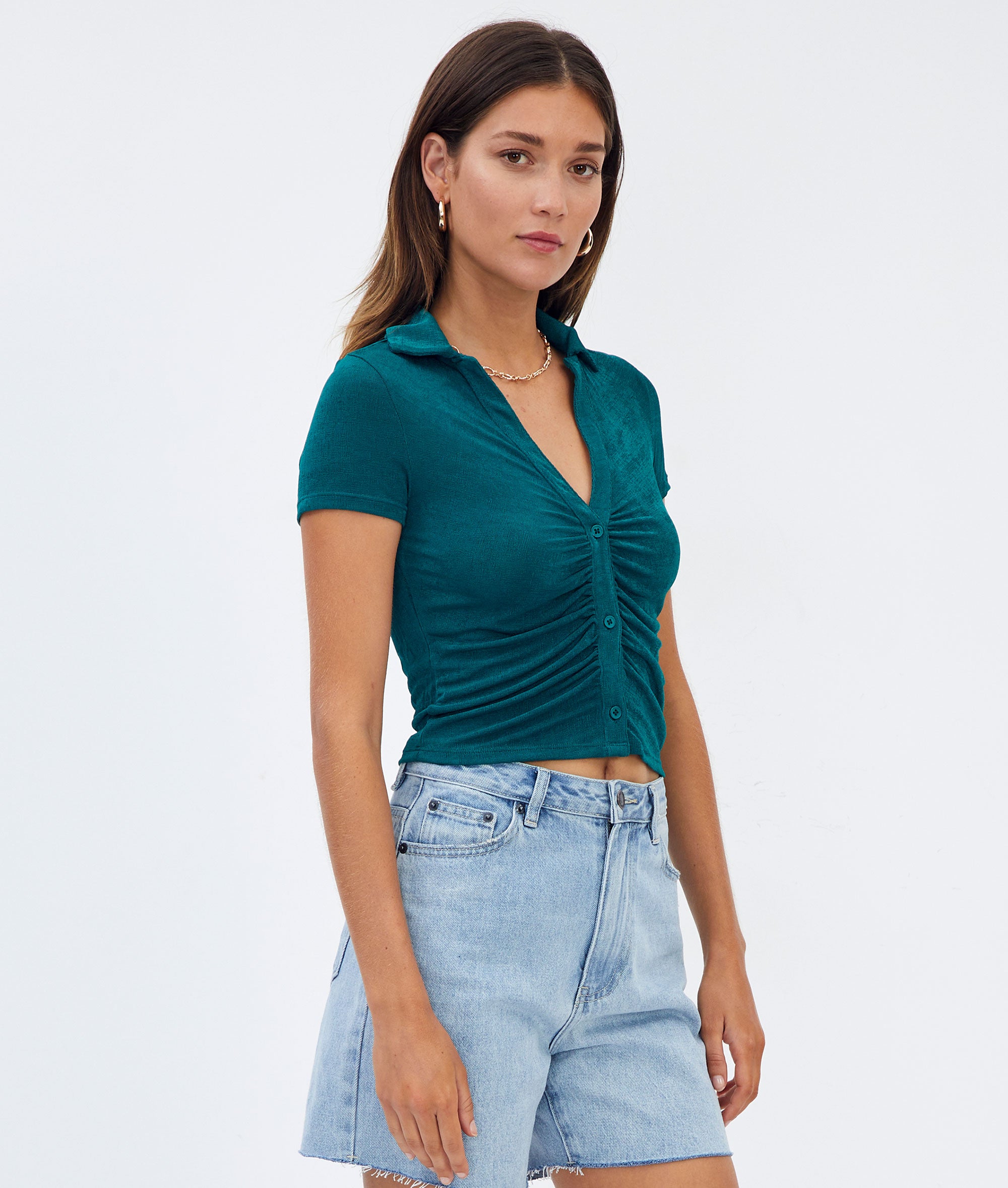 Ruched Button Front Shortsleeve Top in 