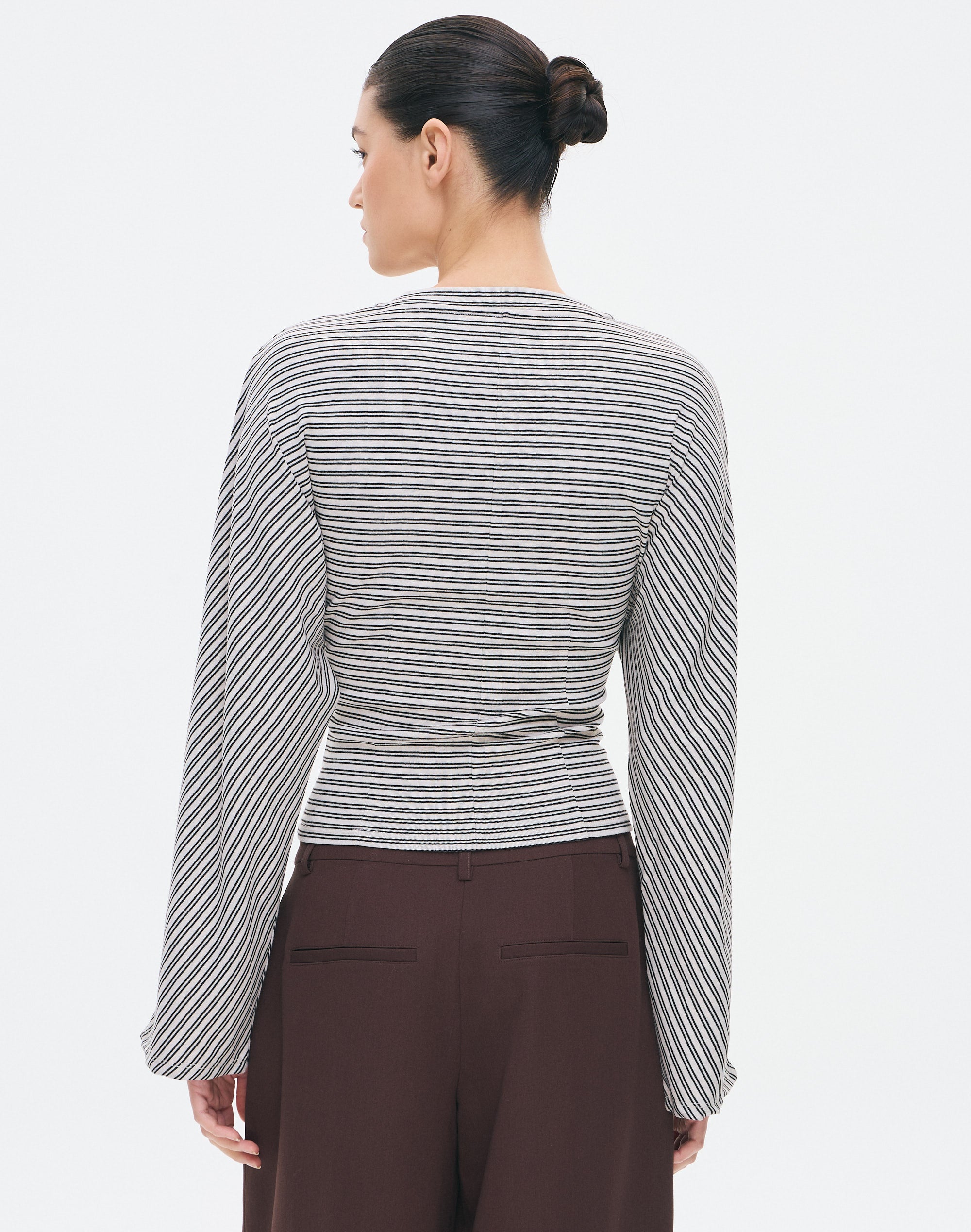 Stripe Cinched Longsleeve Top in Neutral Black Stripe