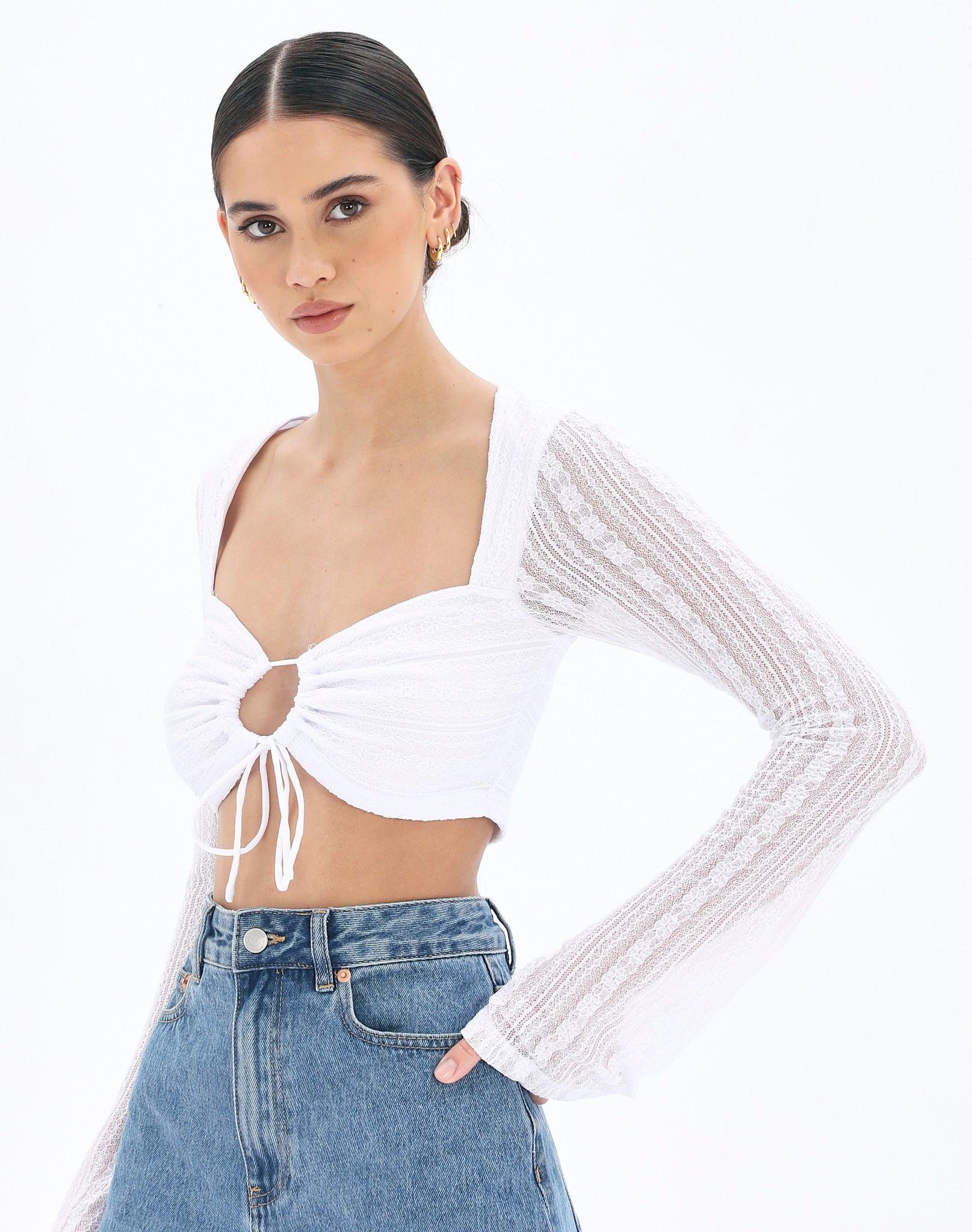 Lace Long Sleeve Tie Front Crop Top in White | Glassons