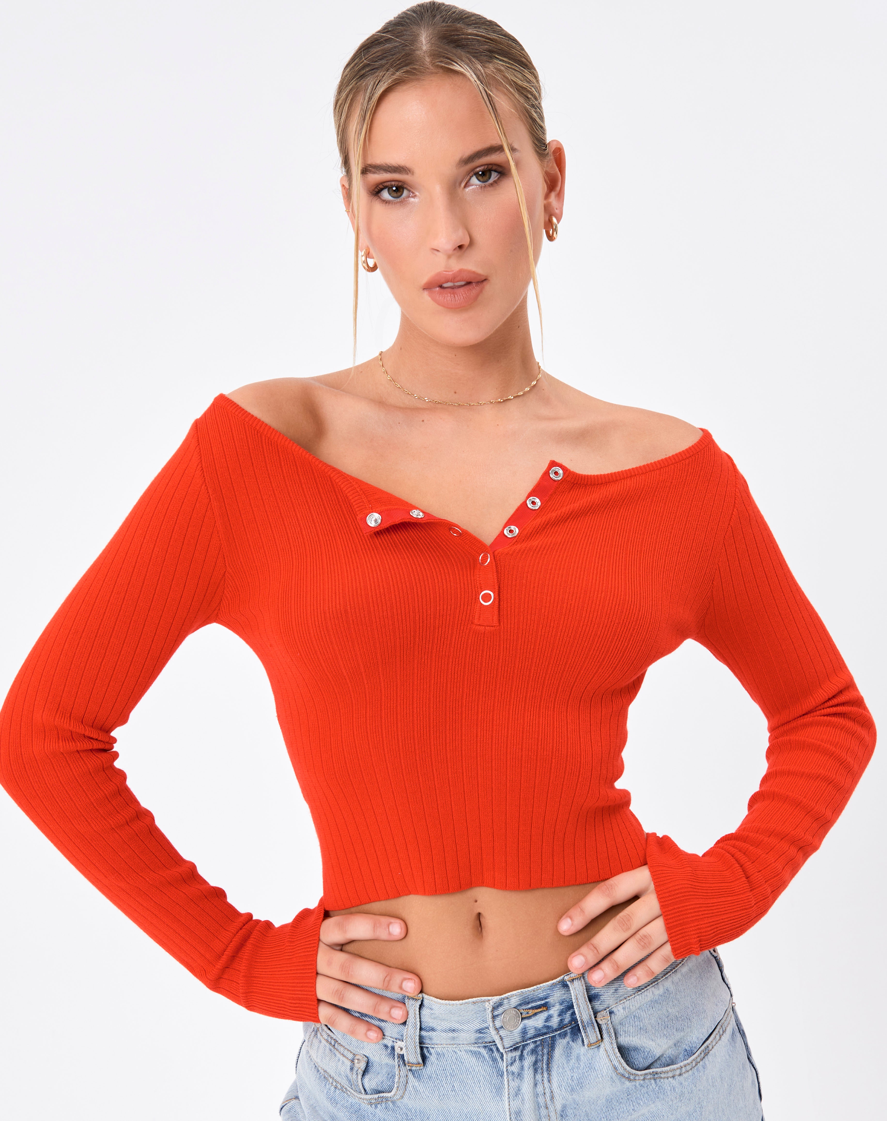 Button Front Knit Cropped Long Sleeve 