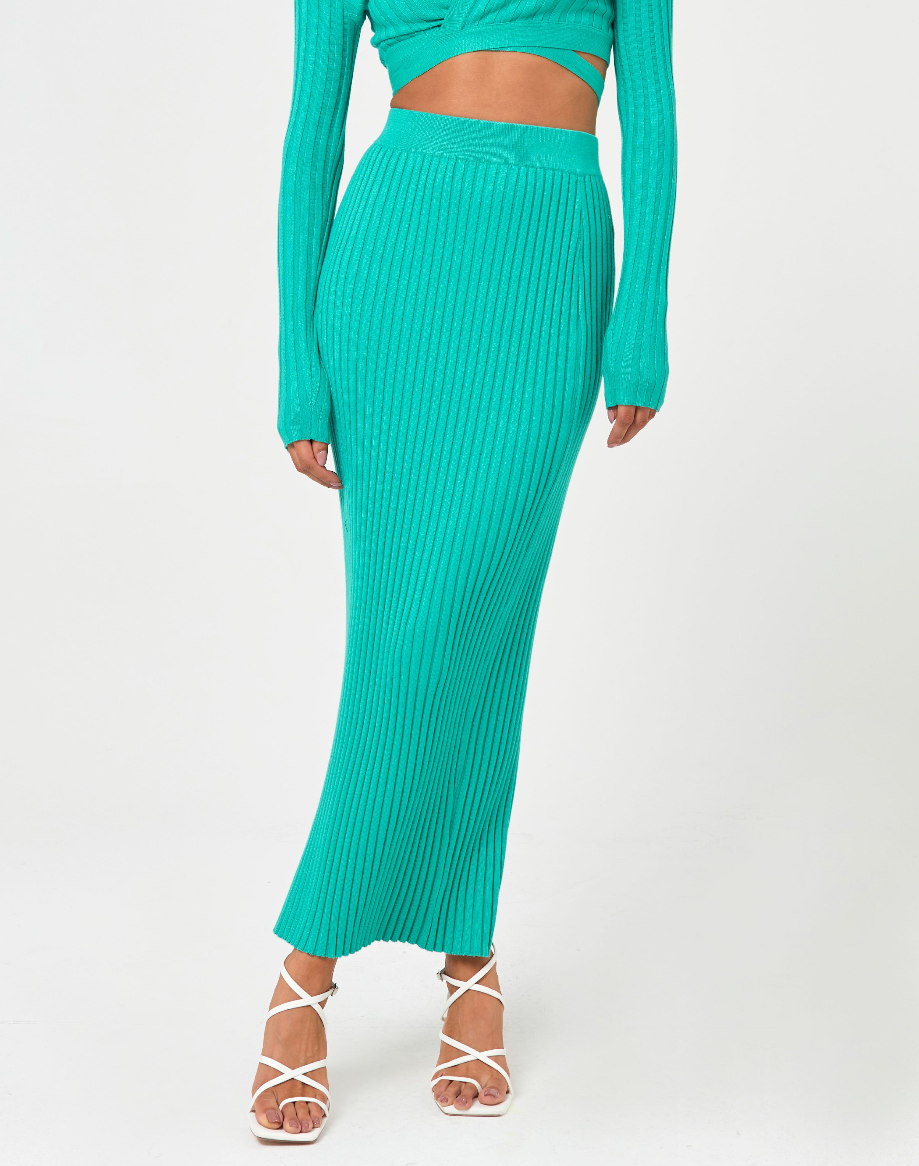 Traceable Rib Knit Maxi Skirt in Green 