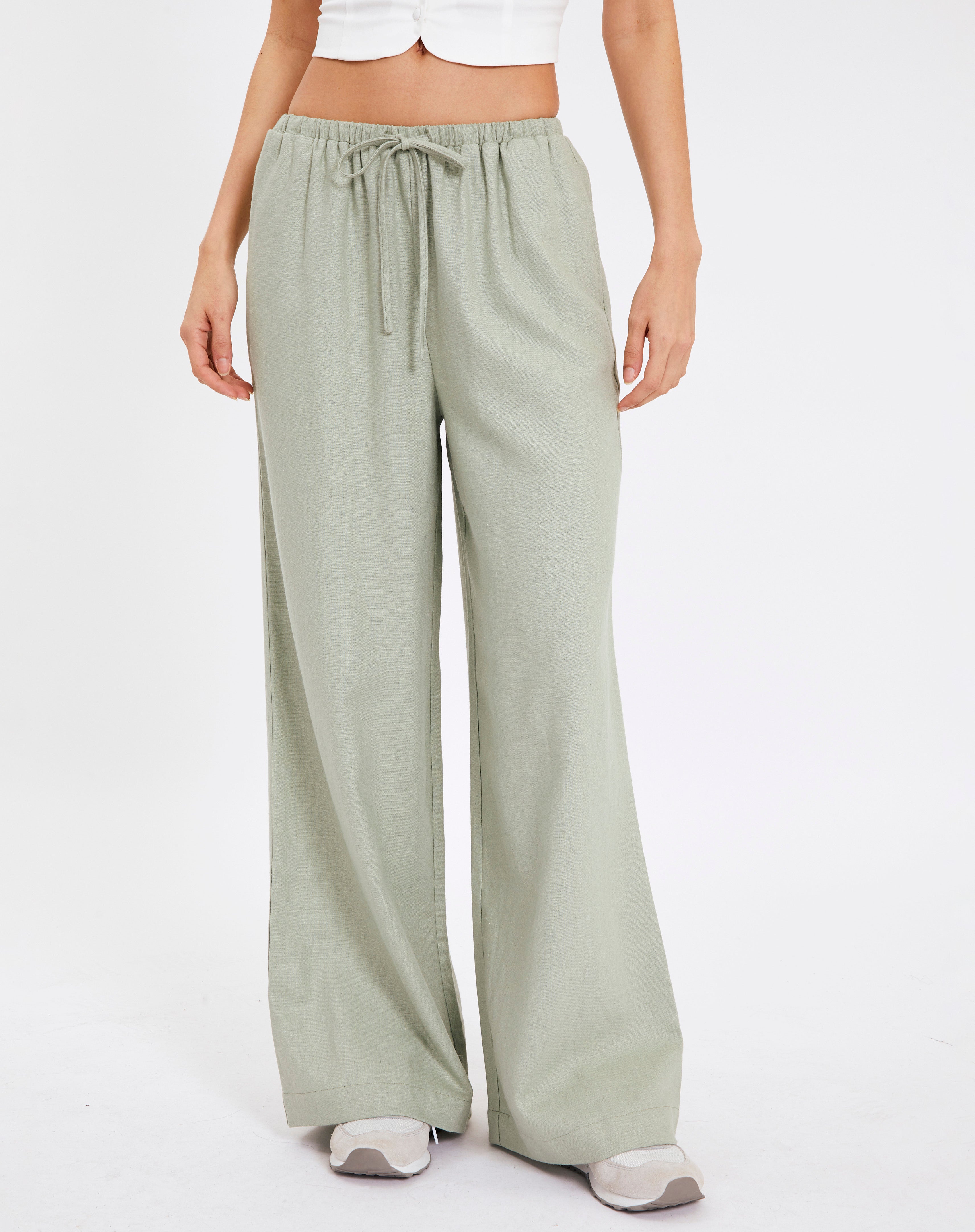 Traceable Linen Blend Drawstring Pant in Green | Glassons