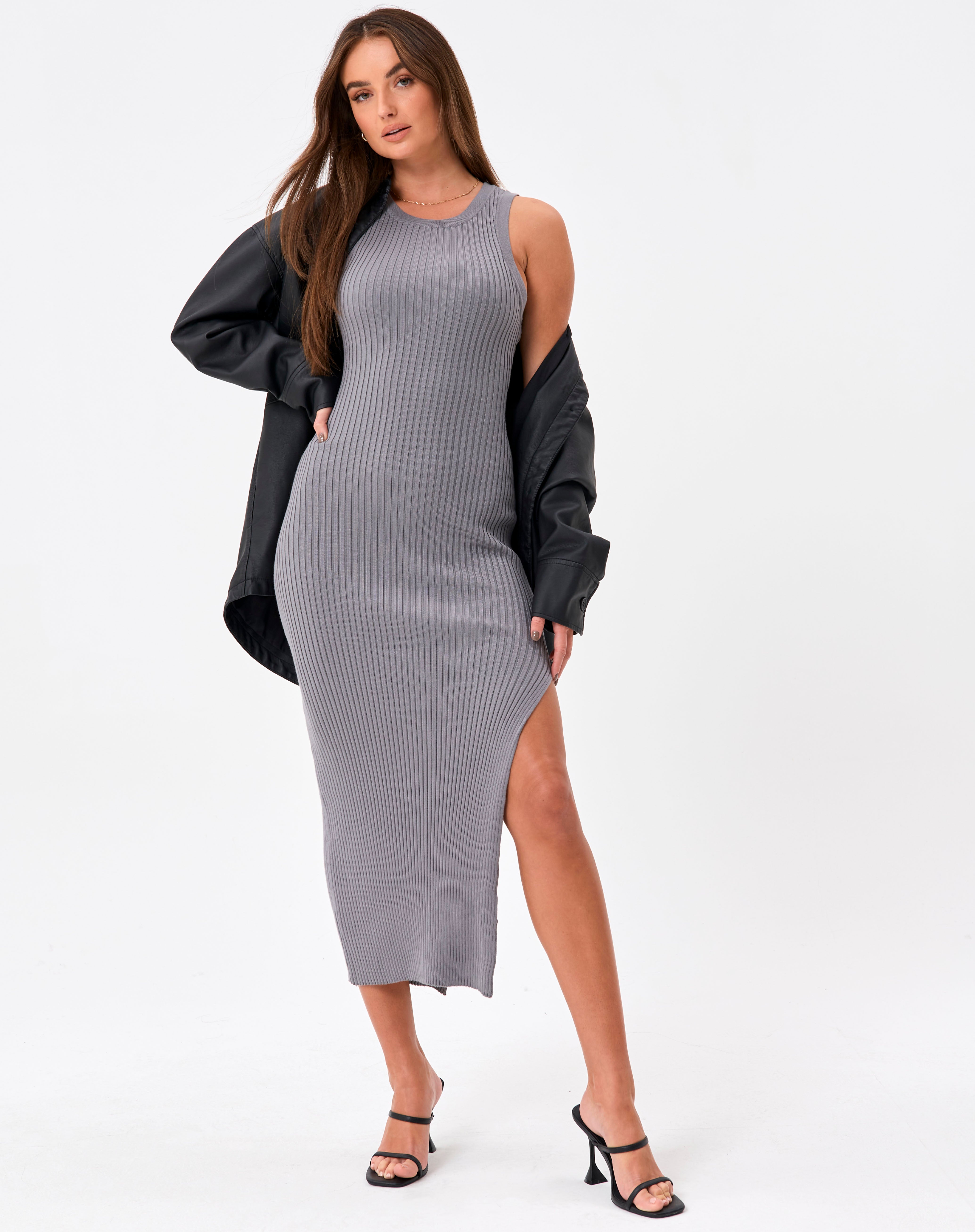 Side Split Ribbed Knit Midi Dress in 
