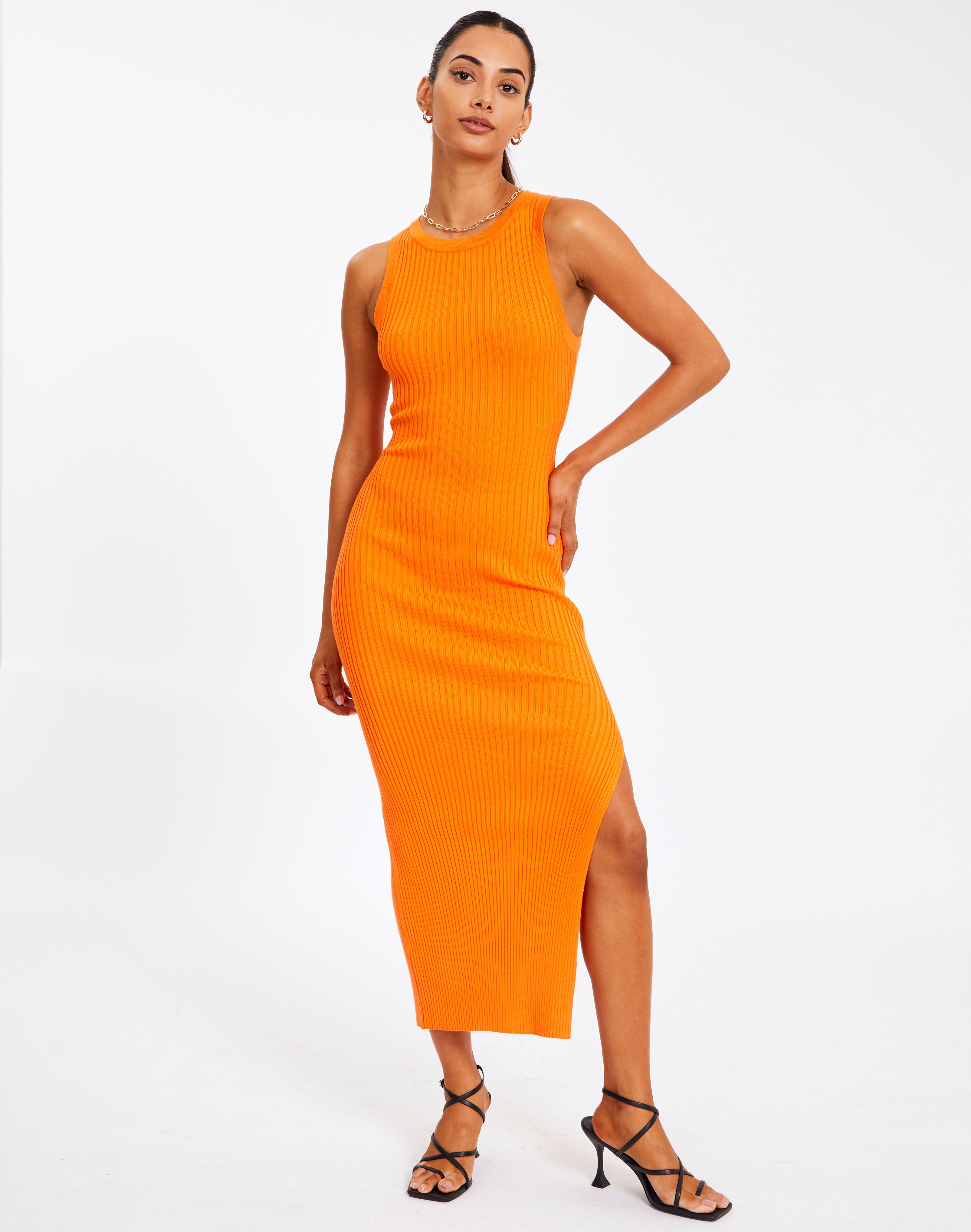 Side Split Ribbed Knit Midi Dress in 