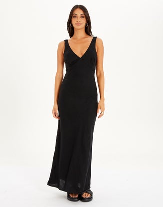 Traceable Linen V Neck Maxi Dress in Black | Glassons