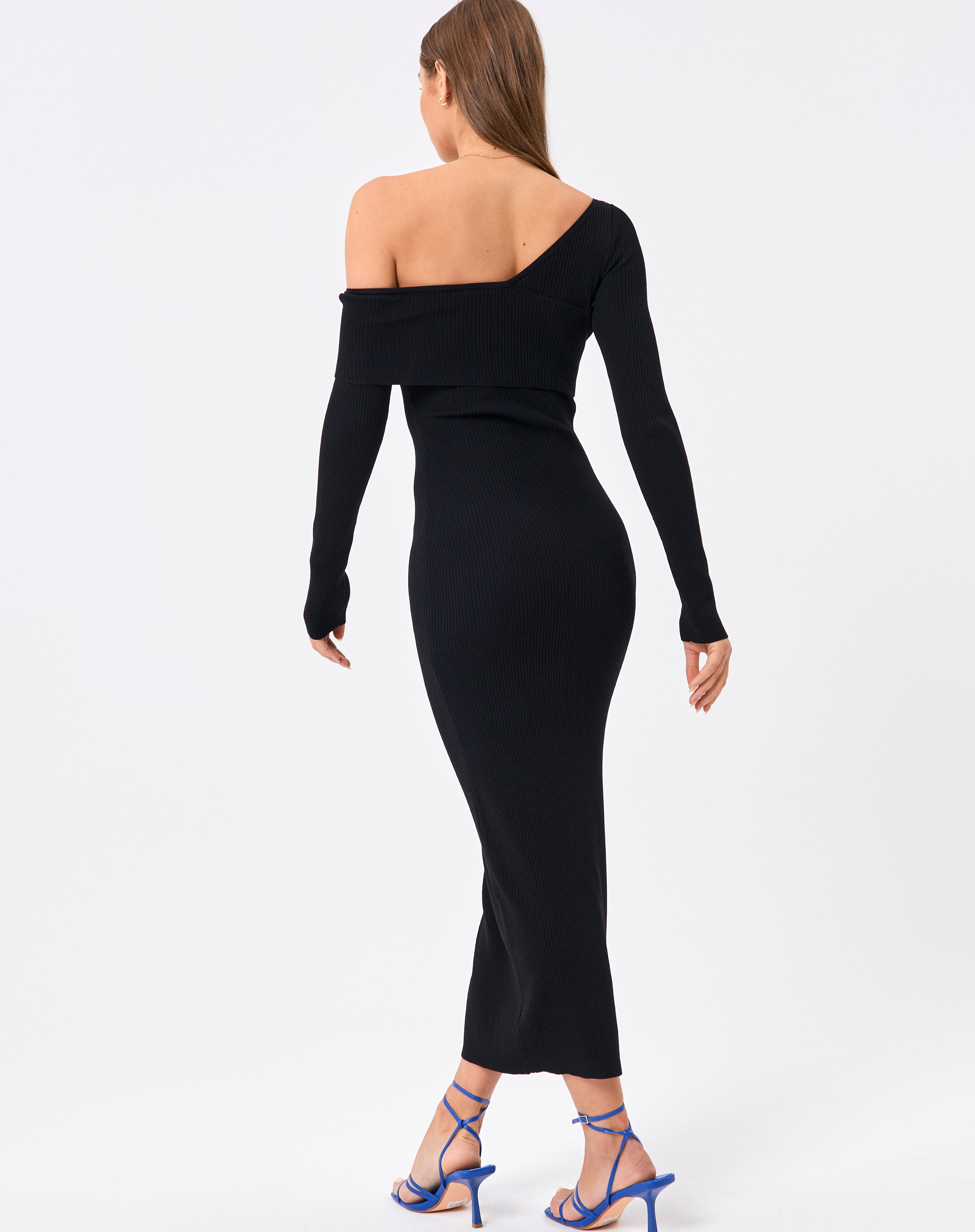Long Sleeve Knit Midi Dress in Black 