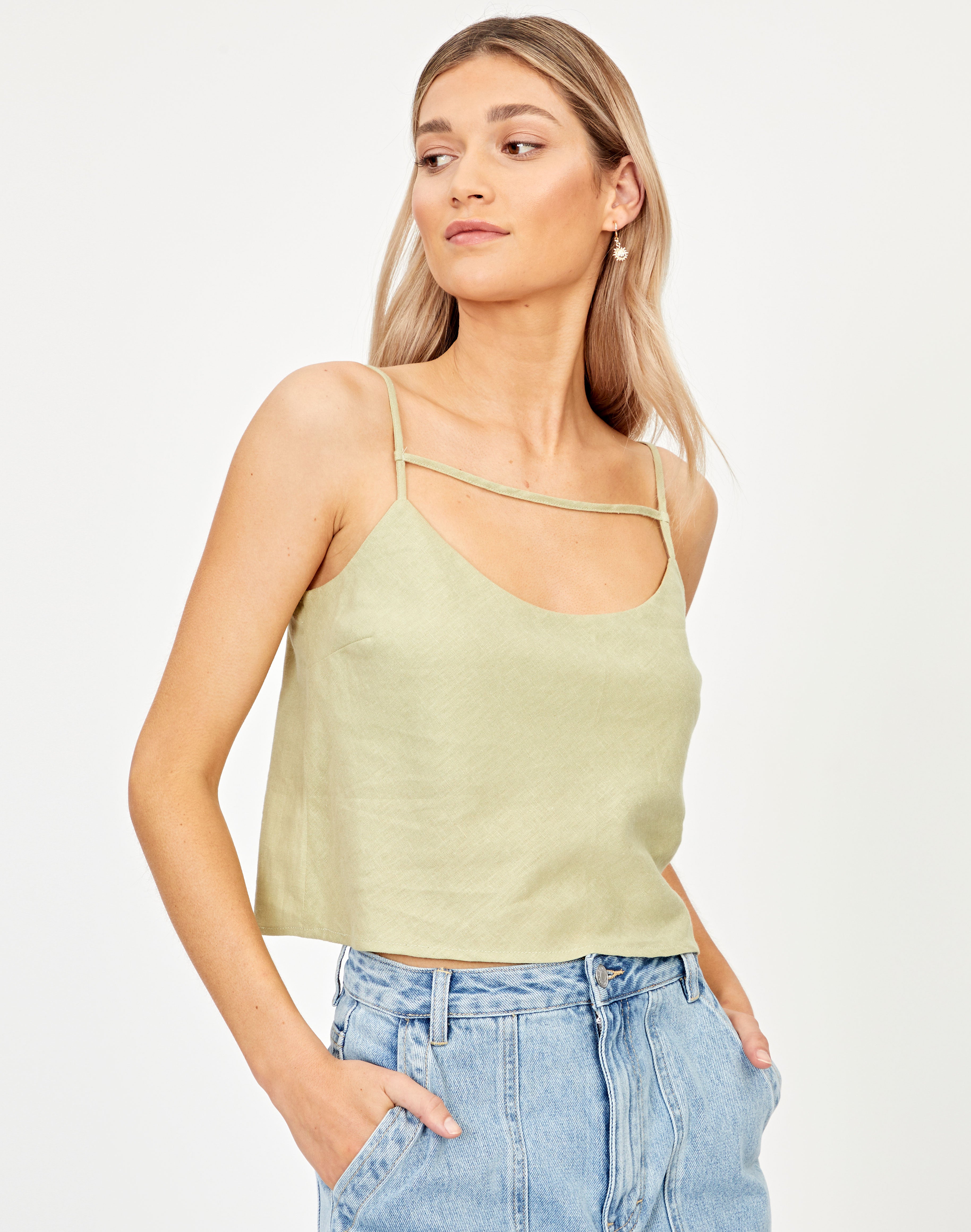 Linen Blend Strappy Cami in Green 
