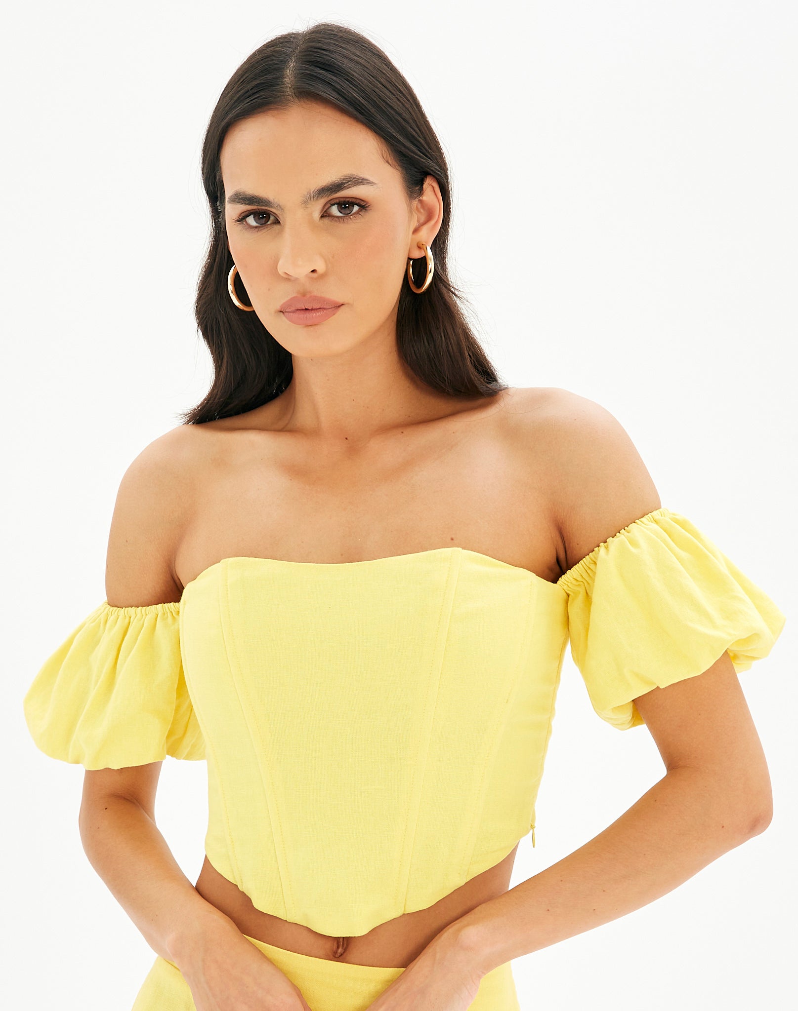 Traceable Linen Off Shoulder Corset Top in Yellow | Glassons