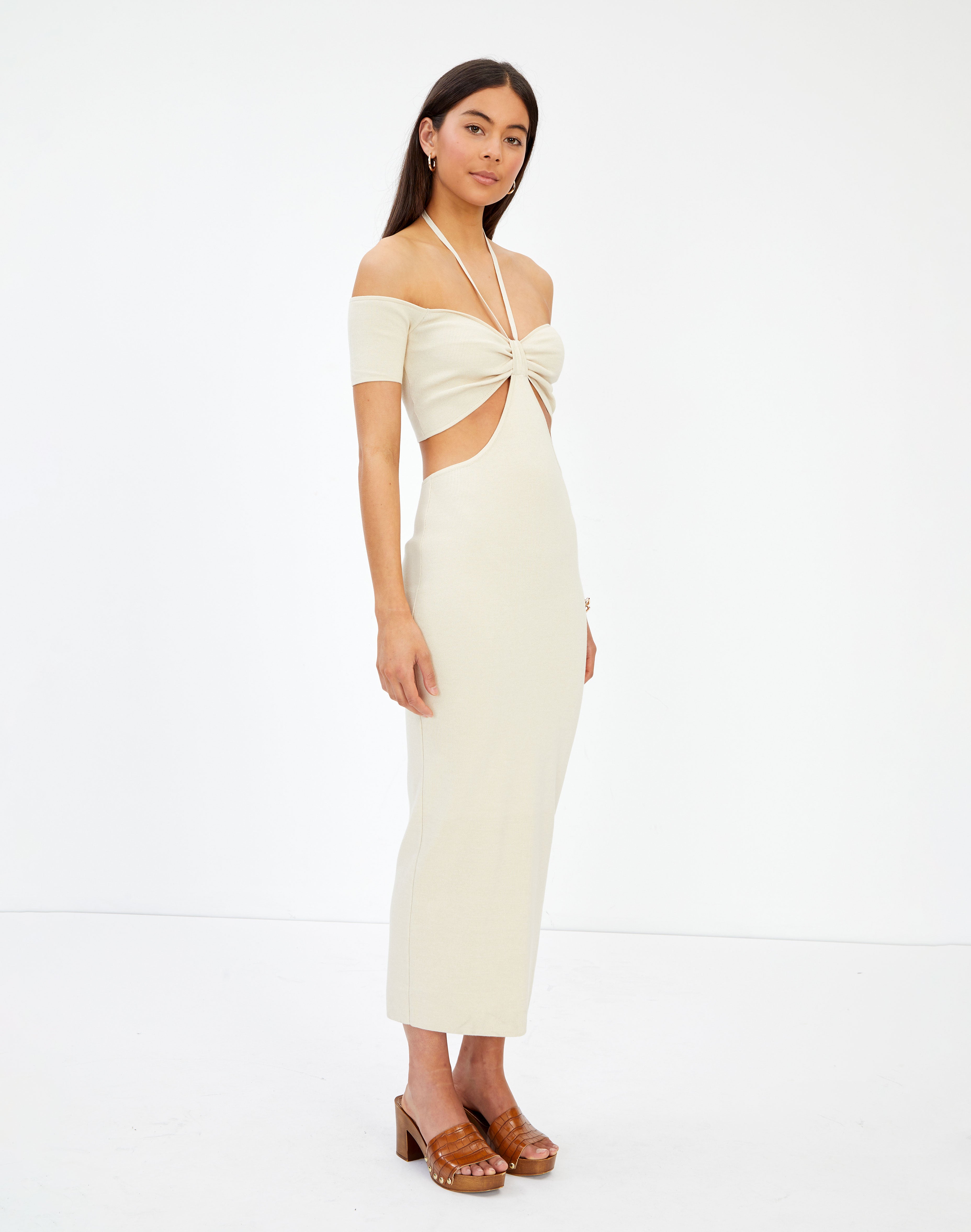 off shoulder cut out midi dress