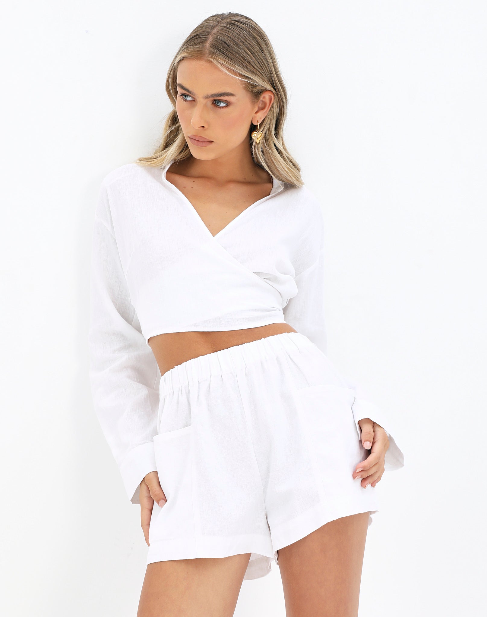 Traceable Linen Wrap Long Sleeve Crop Blouse in White | Glassons