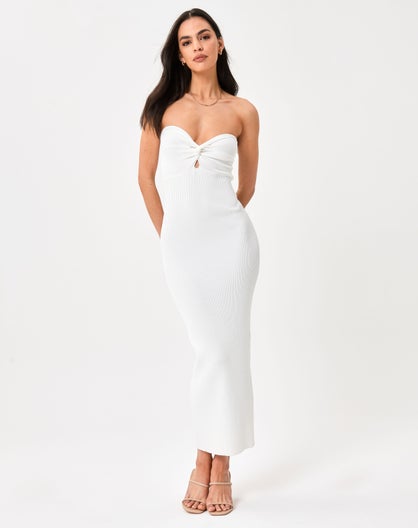Strapless Twist Front Knit Midi Dress in White | Glassons