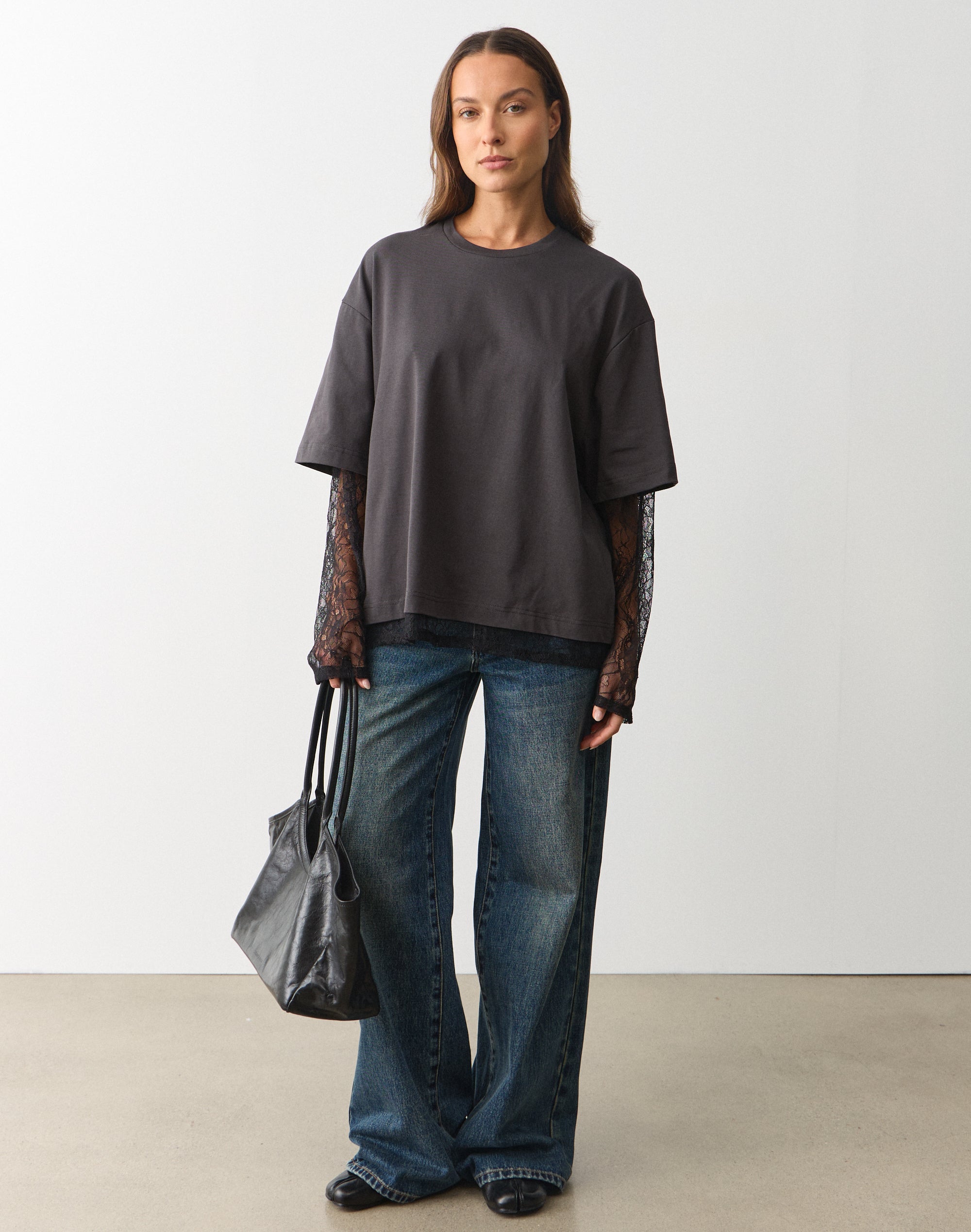 Lace Layered Long Sleeve T-shirt in Washed Charcoal X Black