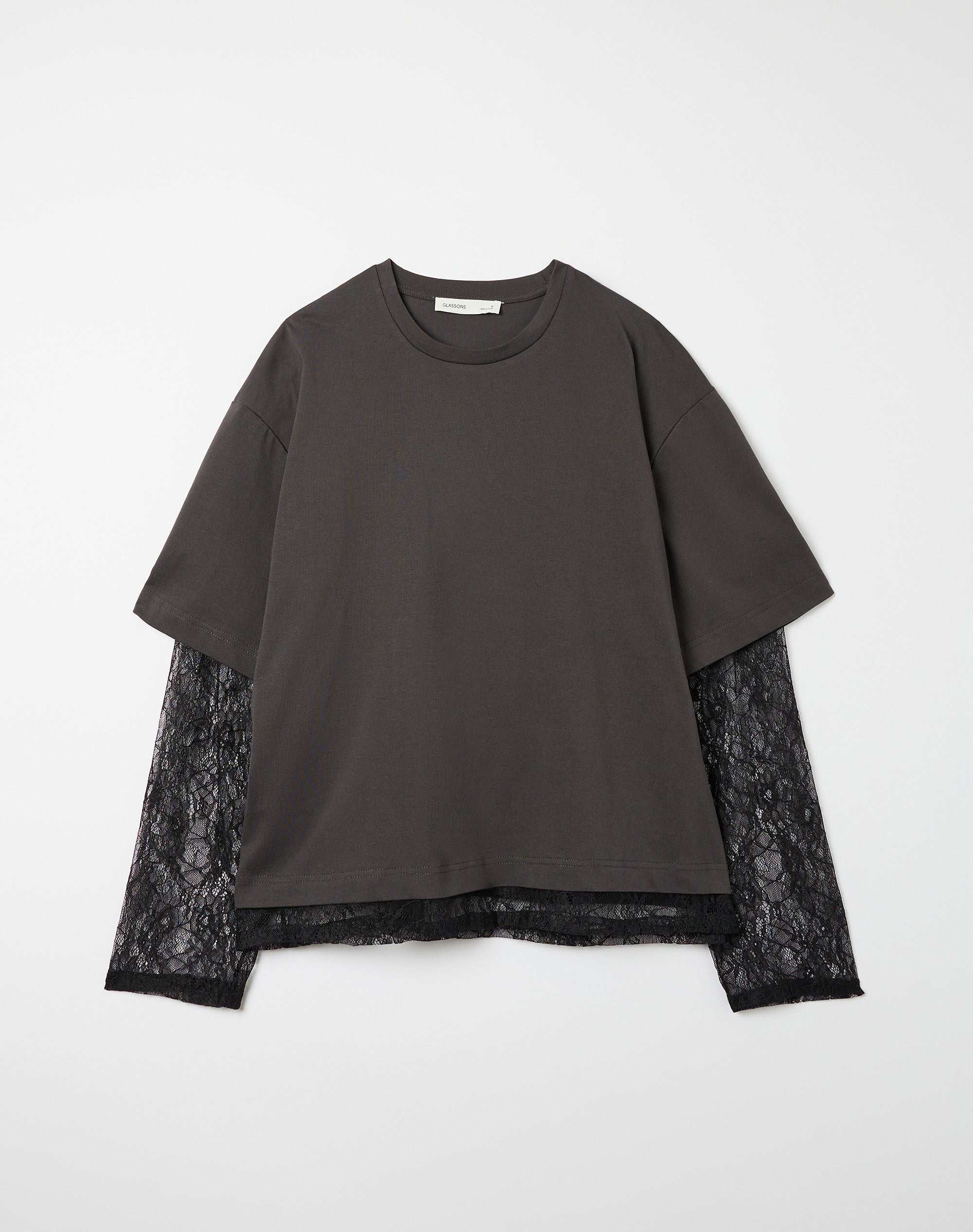 Lace Layered Long Sleeve T-shirt in Washed Charcoal X Black 