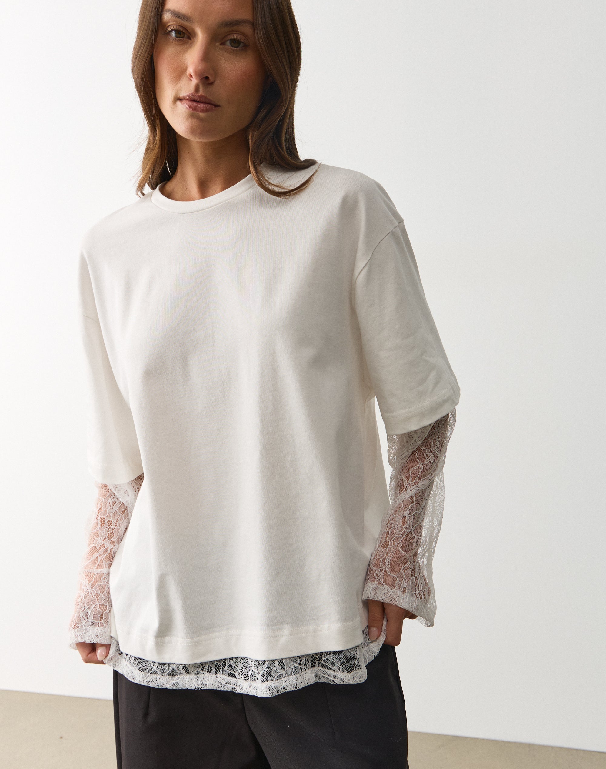Lace Layered Long Sleeve T-shirt in White X White | Glassons US