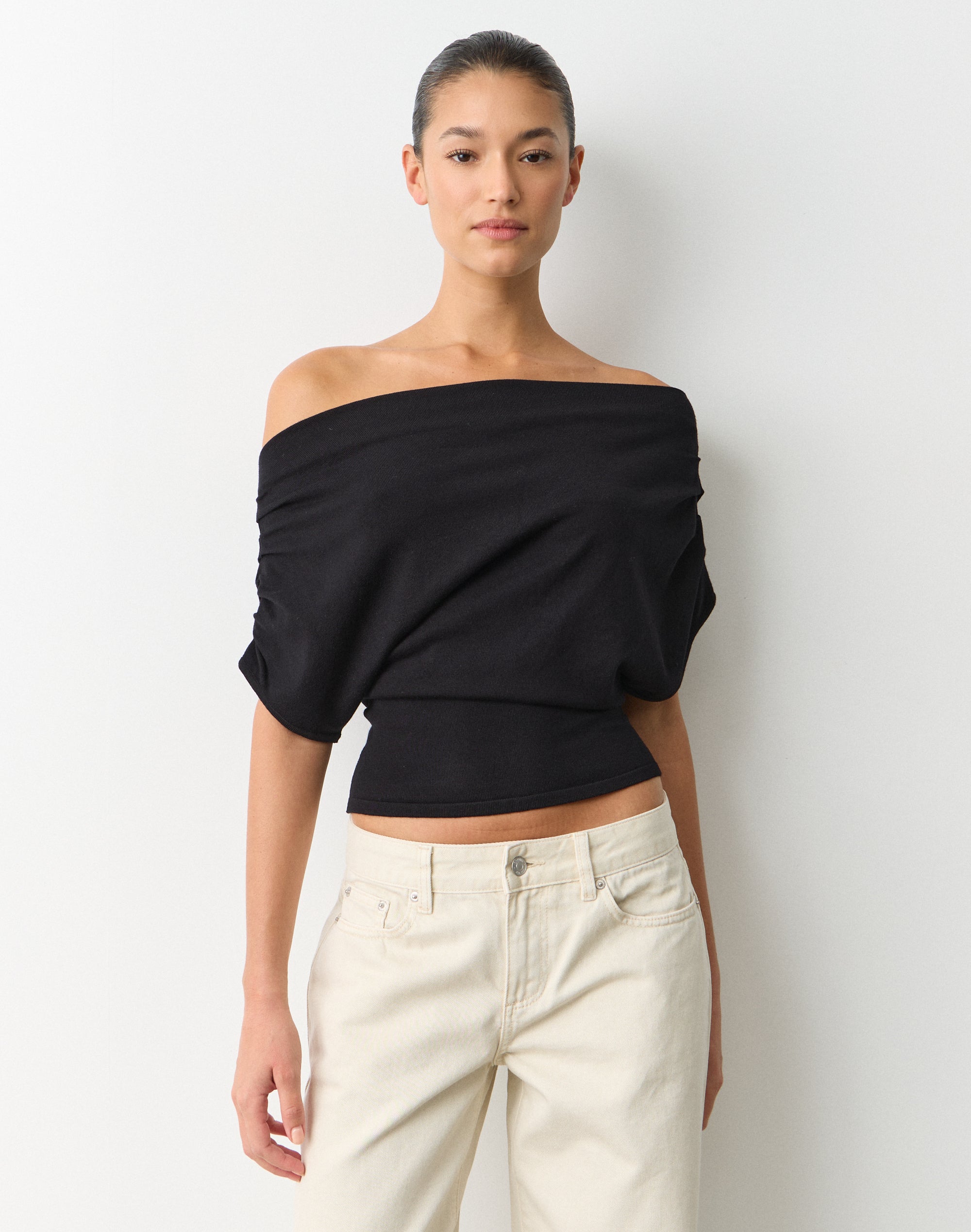 Off Shoulder Draped Knit Top in Black | Glassons AU