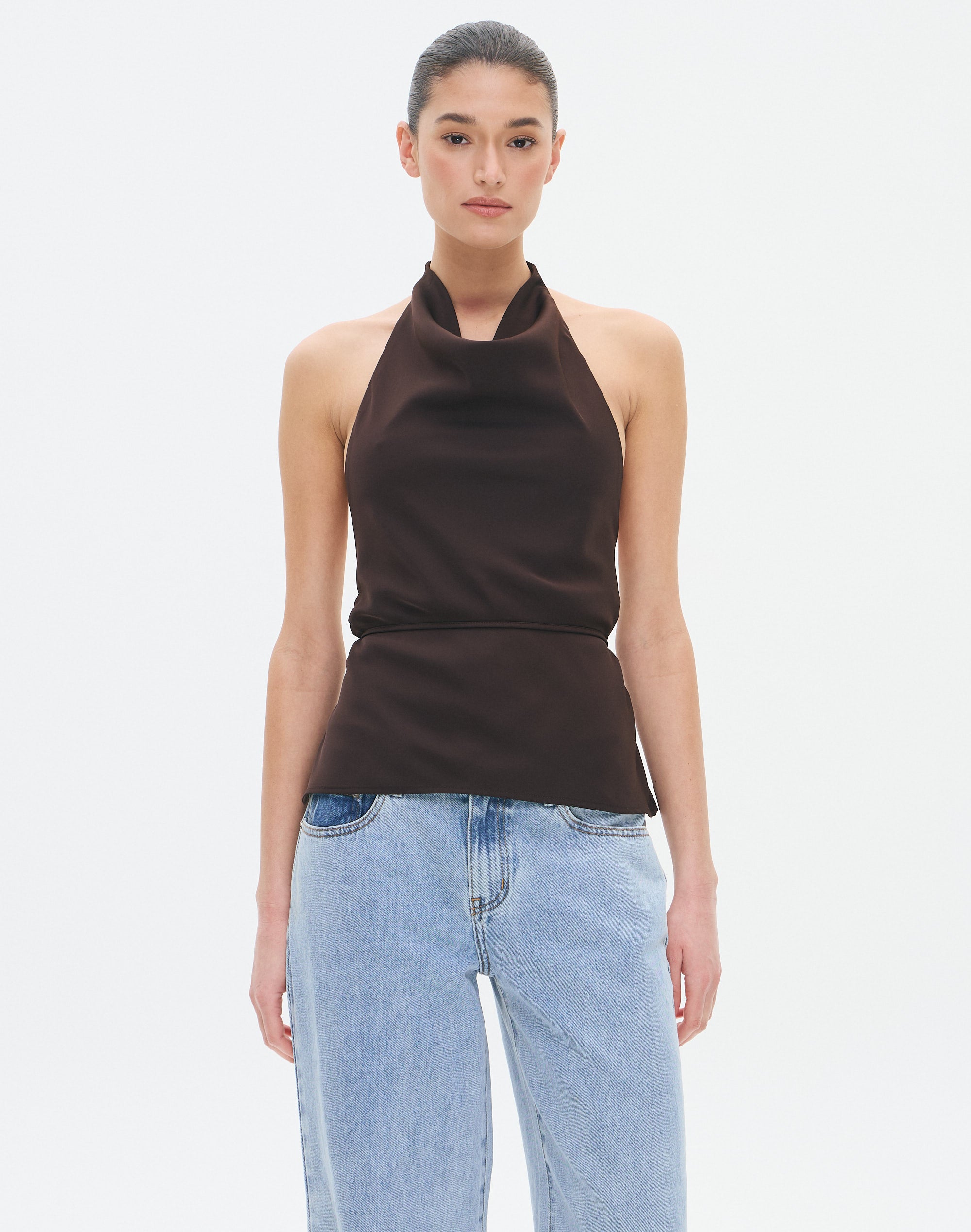 Tie Detail Halter Neck Blouse in Brown To Earth | Glassons SG