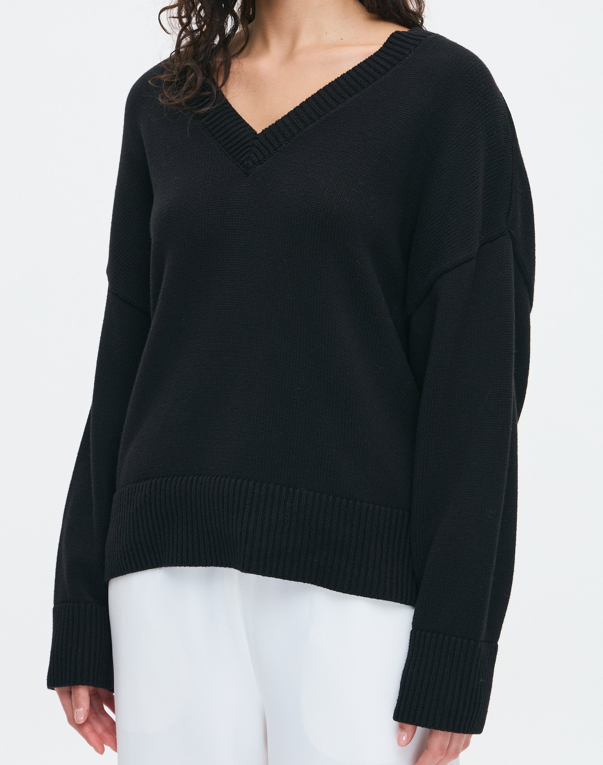 V Neck Jumper Black Cotton Sweater Ladies V Neck Cotton Knit