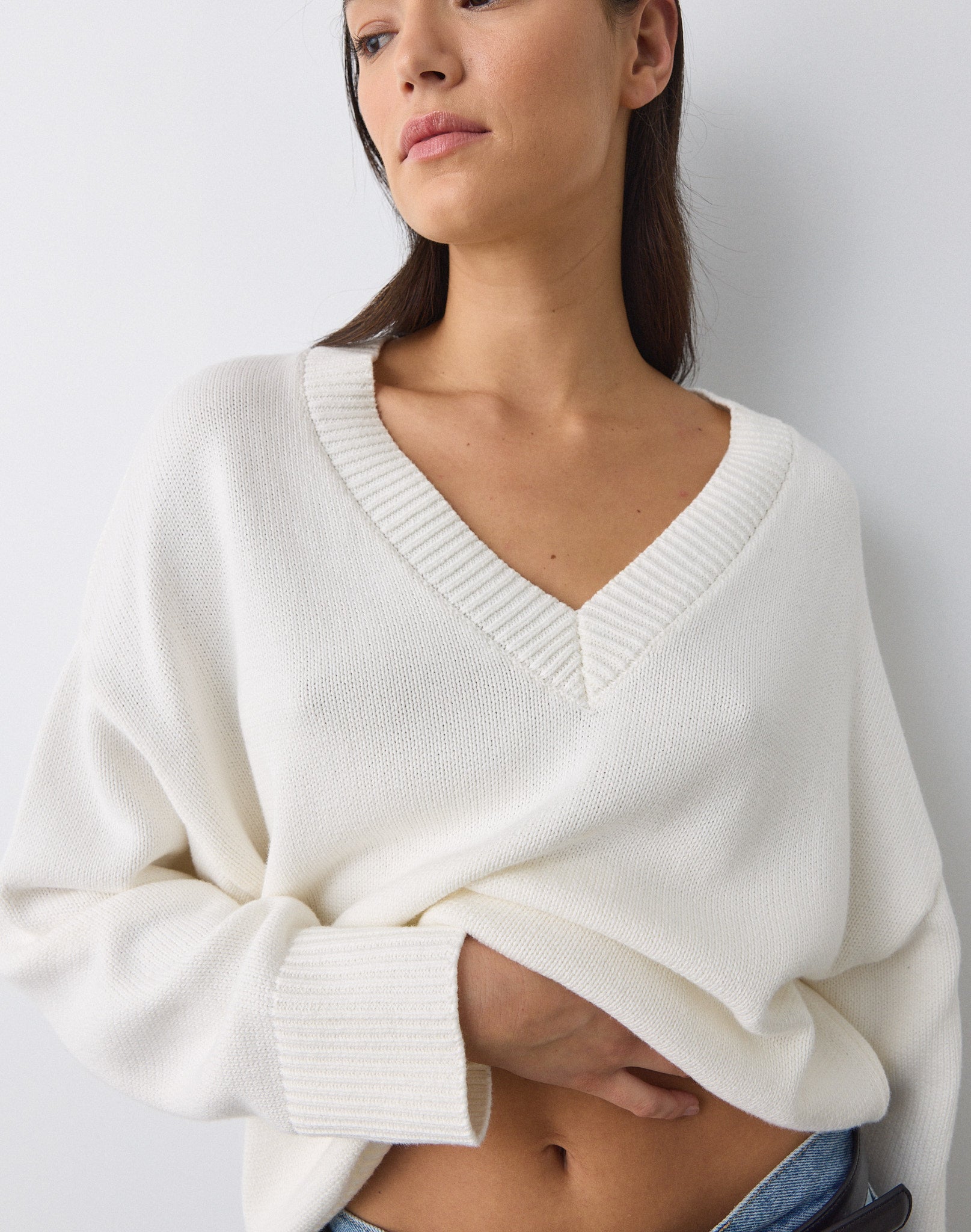V Neck Cotton Knit Jumper in Milk | Glassons US