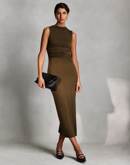 High Neck Ruched Midi Dress in Martini Olive | Glassons