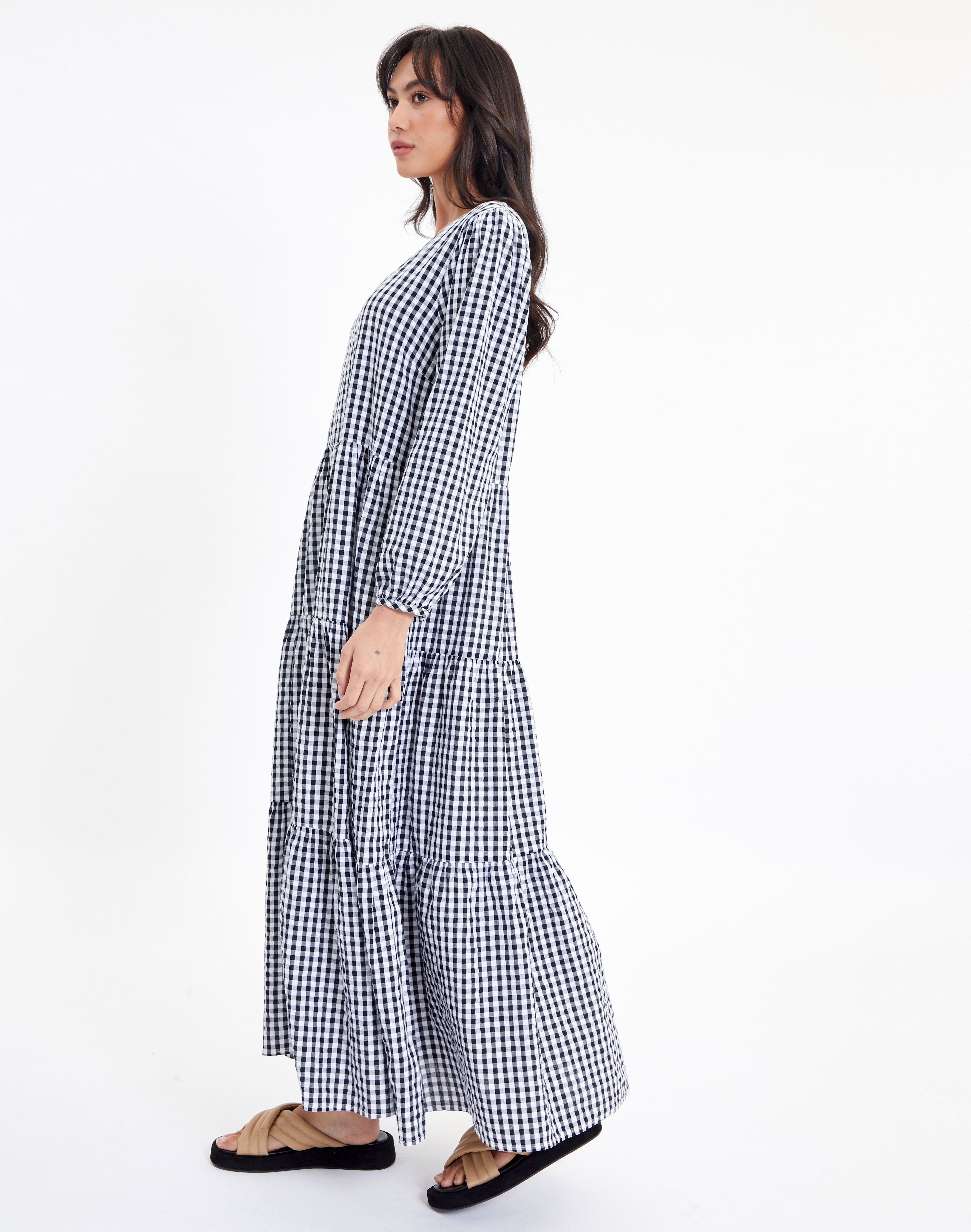 Gingham Puff Long Sleeve Tiered Midi 