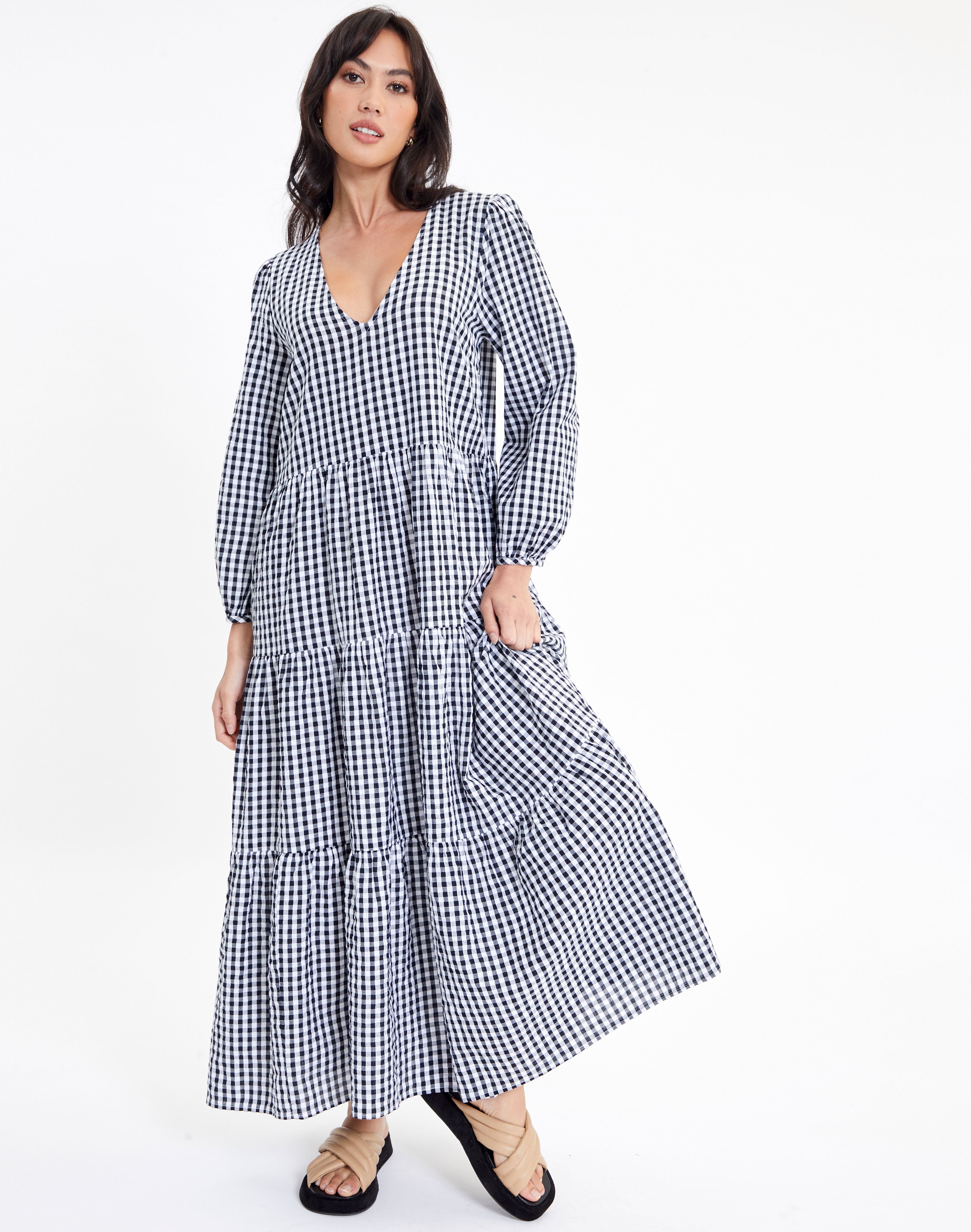 Gingham Puff Long Sleeve Tiered Midi 