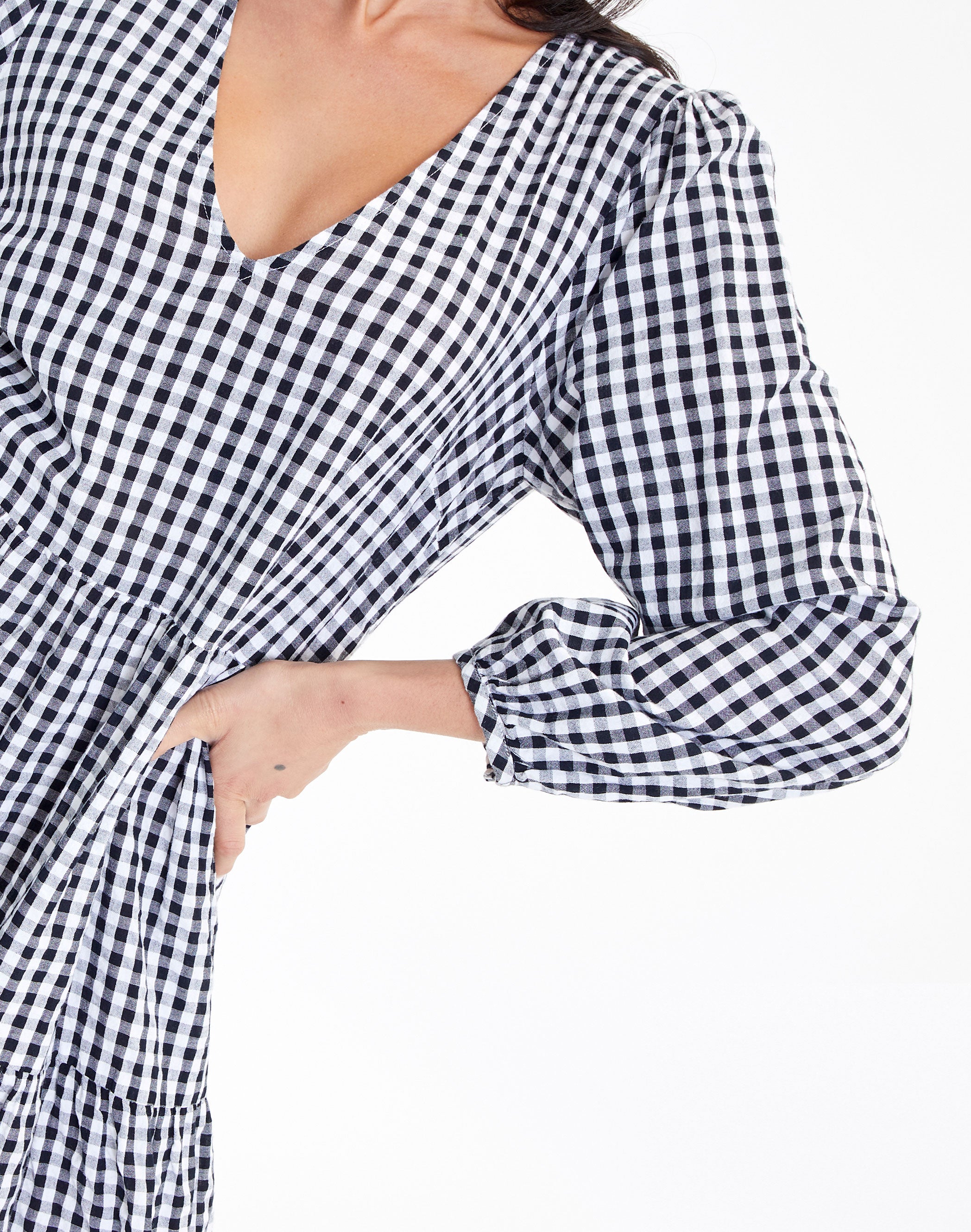 Gingham Puff Long Sleeve Tiered Midi 