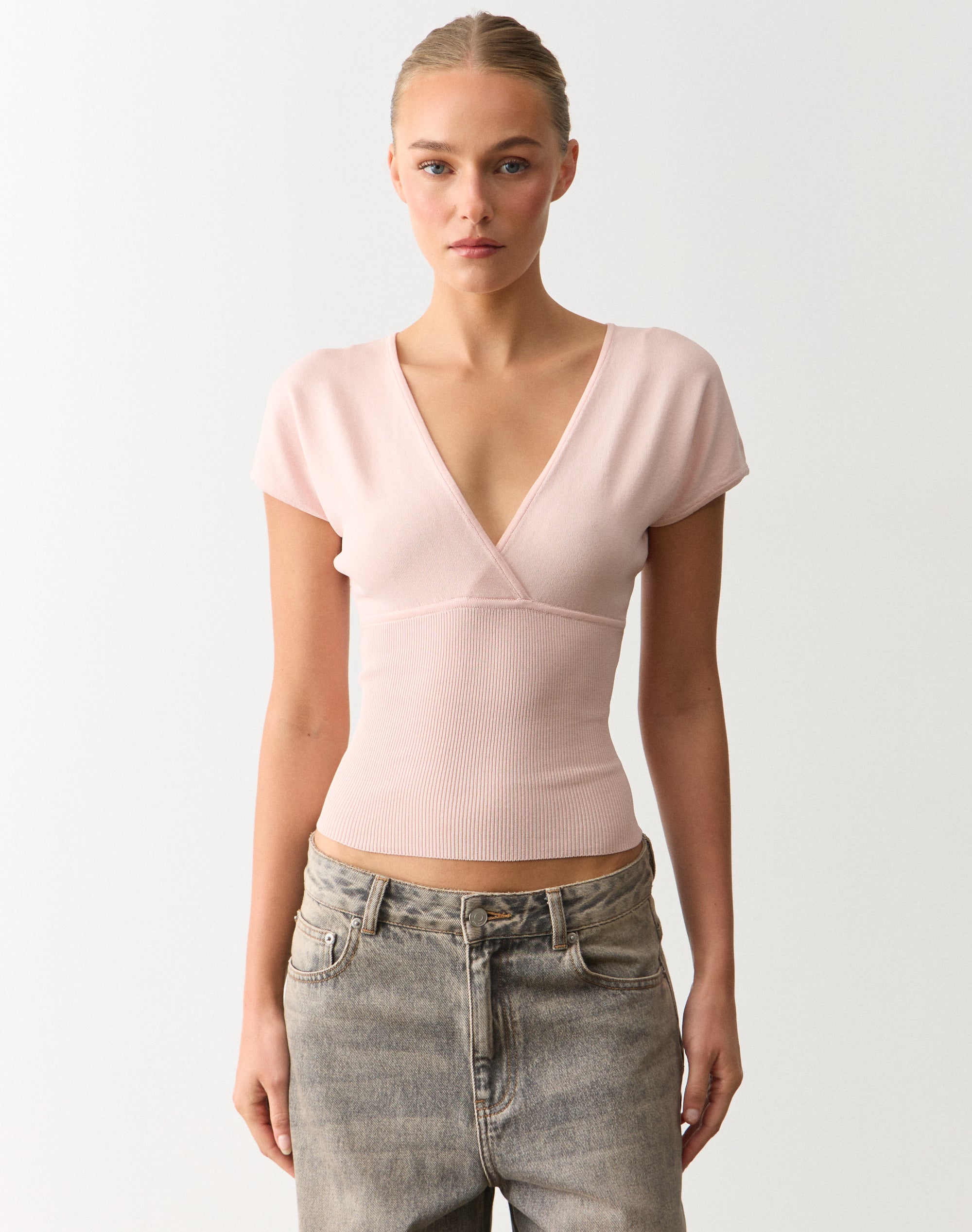 Rib Waist V Neck Knit Top in Angel Blush | Glassons US
