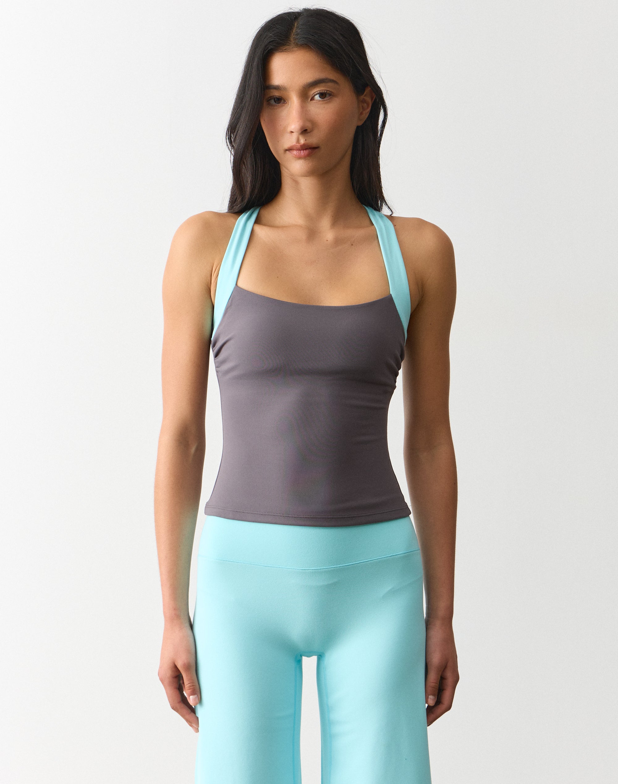 Active Square Neck Cross Back Tank in Ash Dash X Island Aqua
