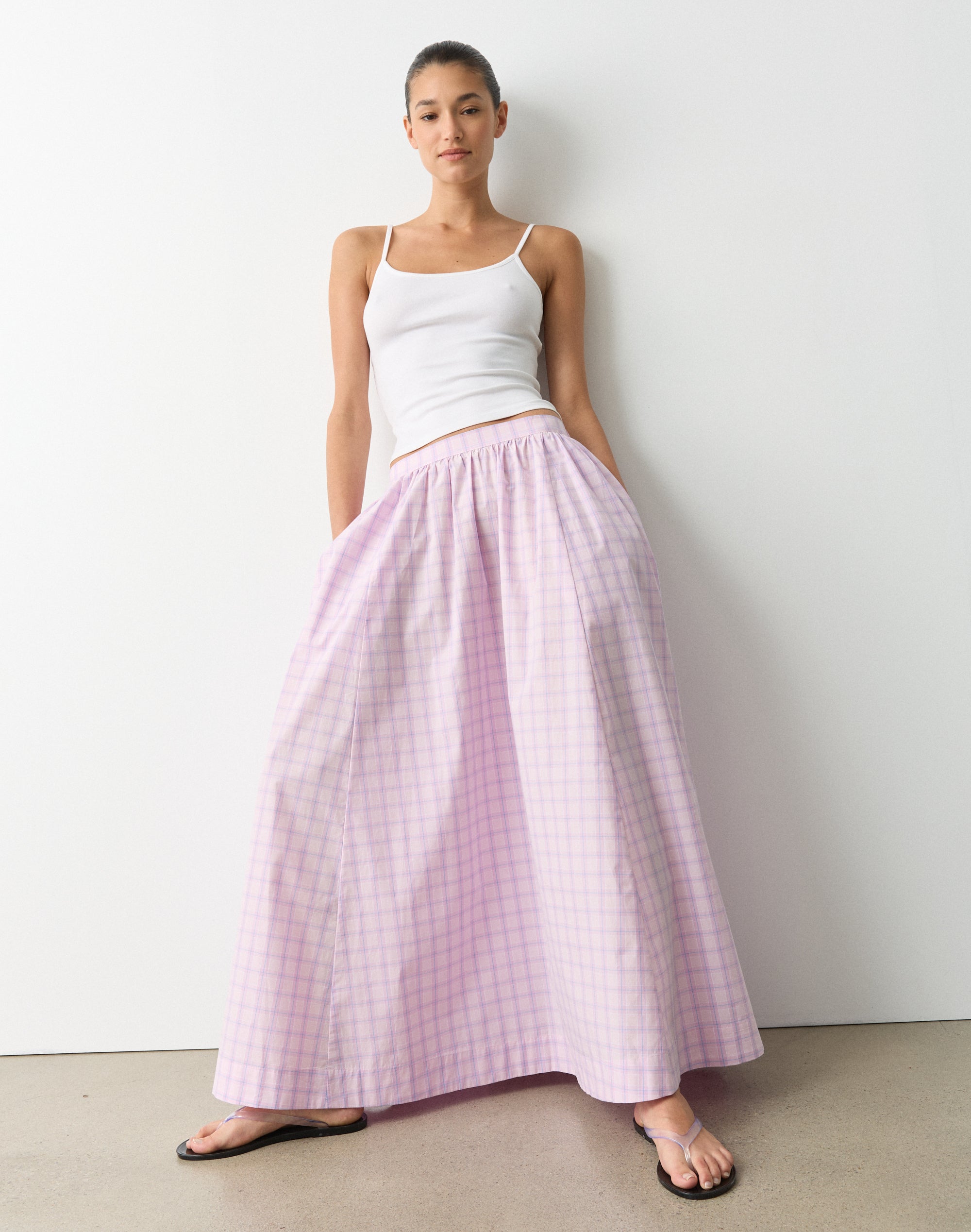 High Rise Cotton Gathered Maxi Skirt in Romance Mystery Tama Check