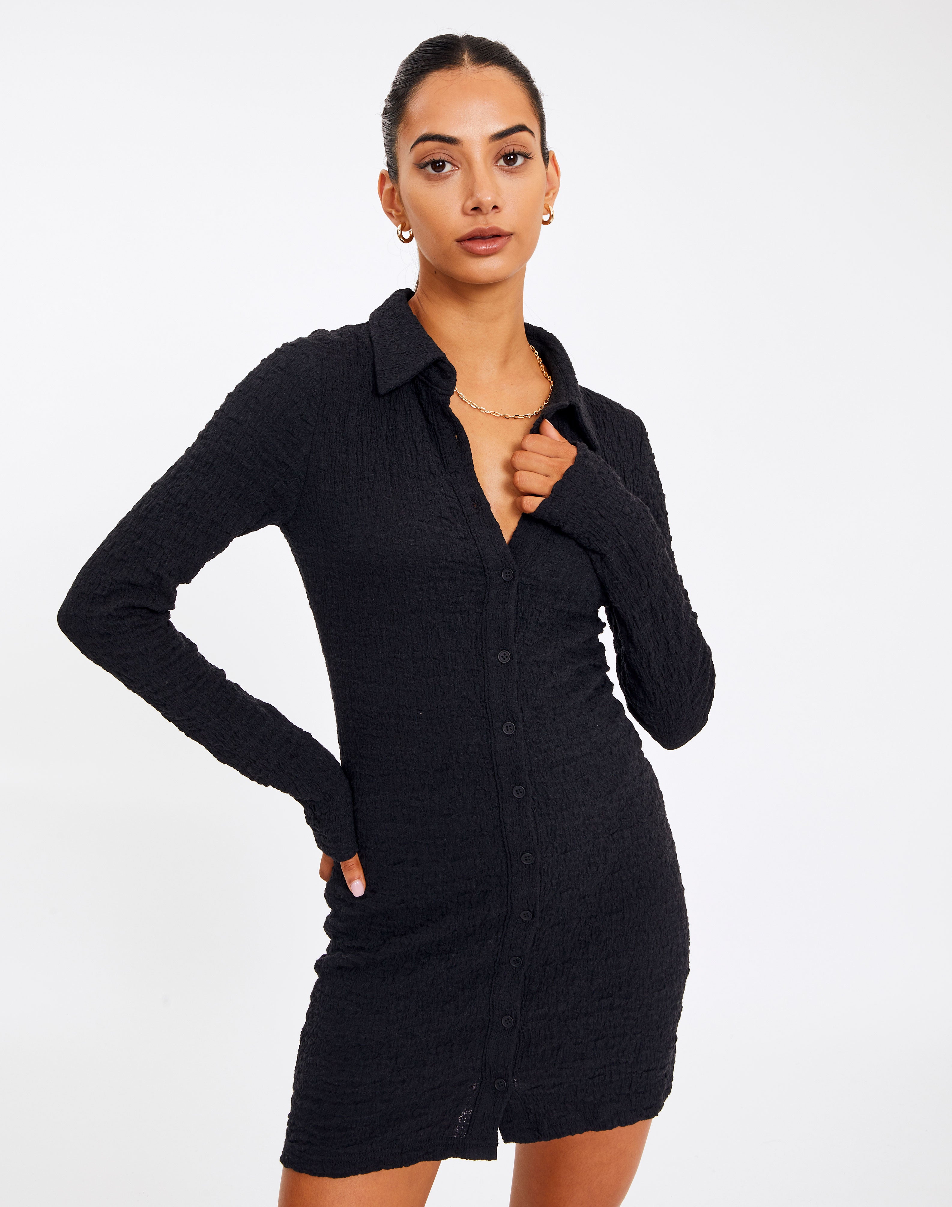 Textured Button Front Long Sleeve Mini ...