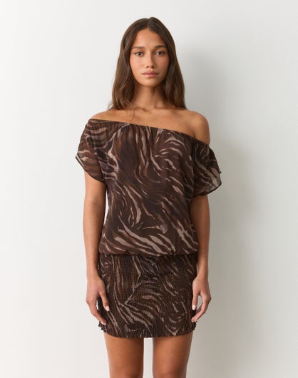 Off Shoulder Shirred Mini Dress