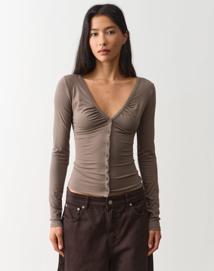 Ruched Button Up Long Sleeve Top