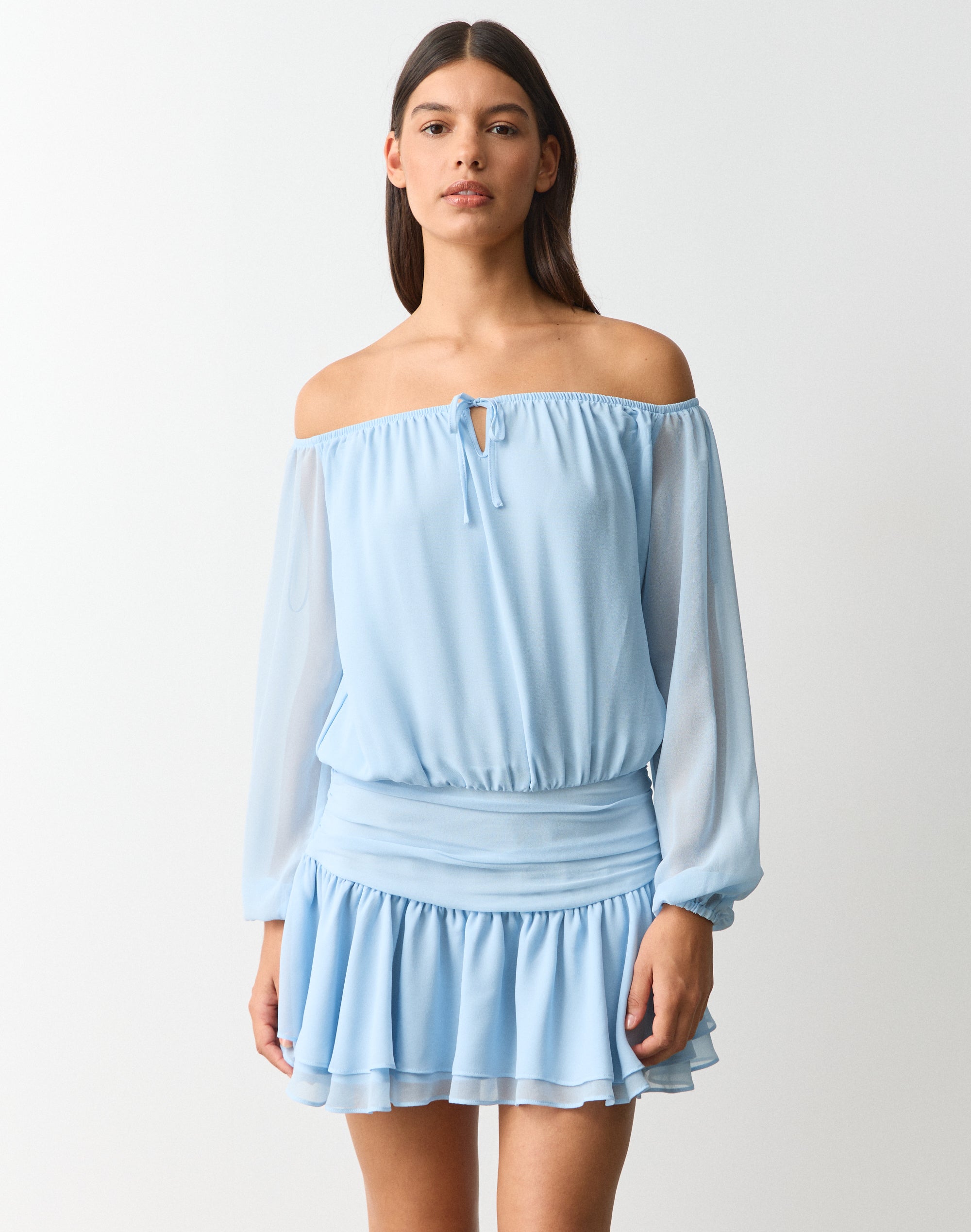 strapless open back dress Rent Karen Millen Tailored Off Shoulder Bow Drape Detail Mini Dress main image 1