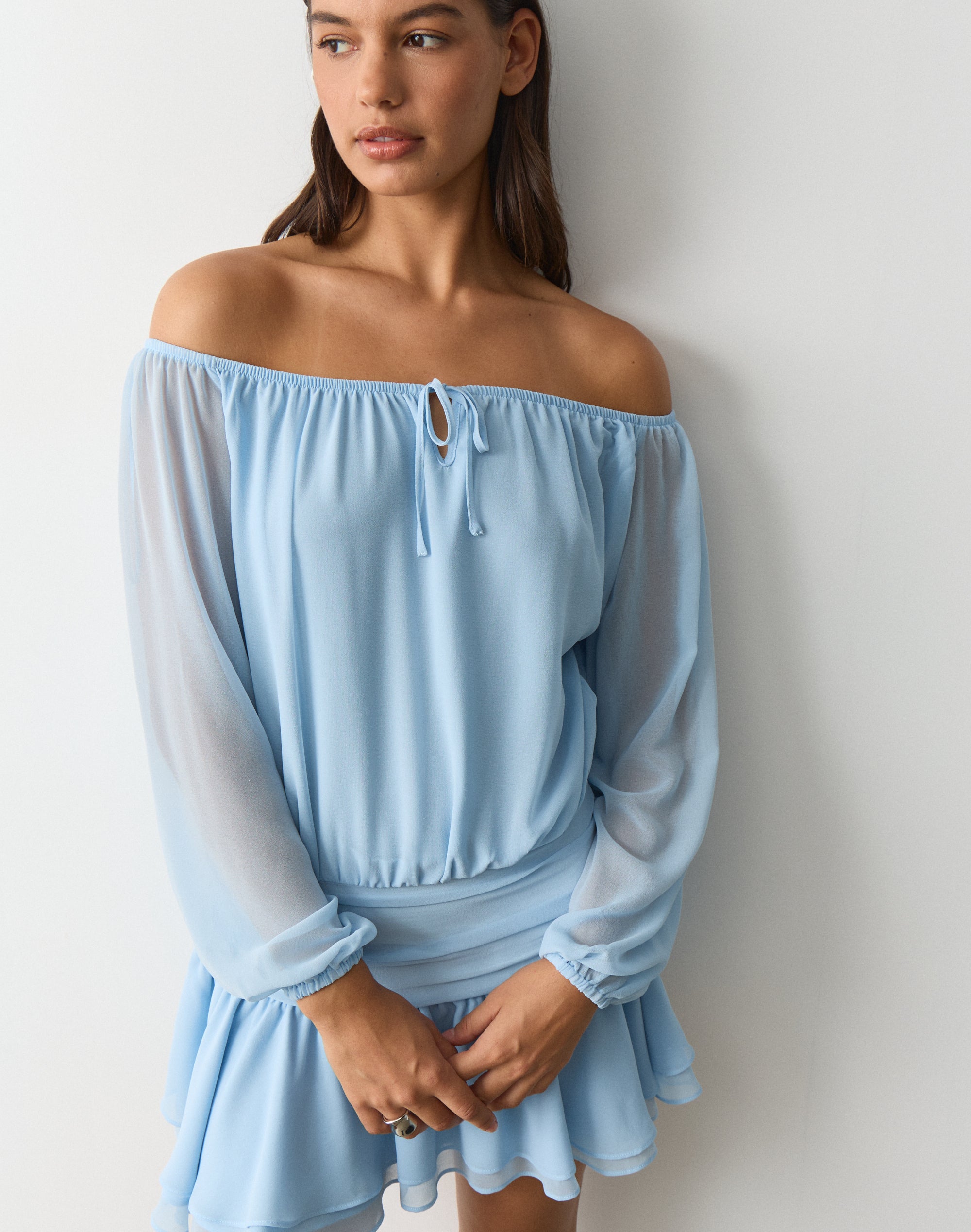 Off Shoulder Ruffle Mini Dress in Glacial Pace | Glassons US
