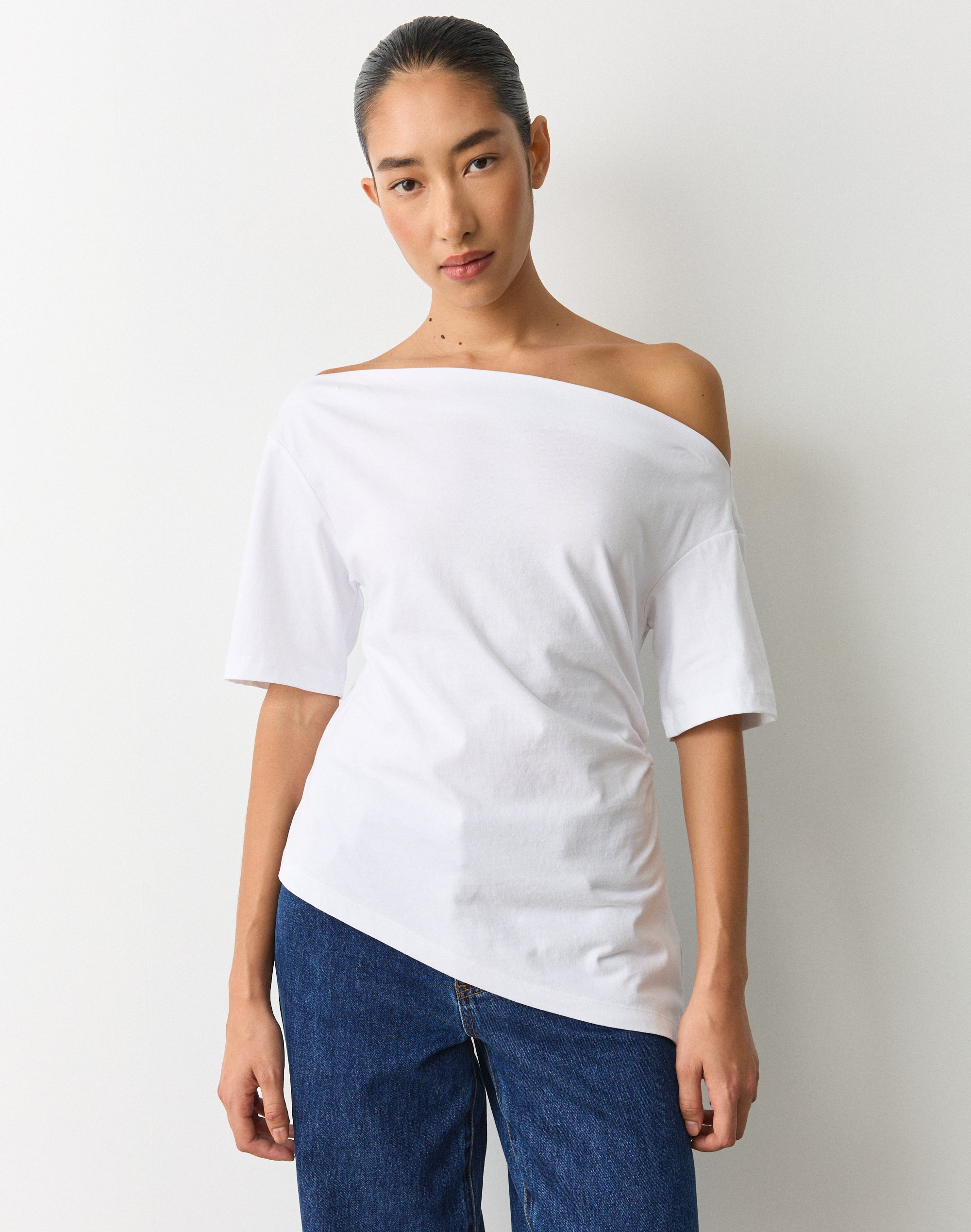 Asymmetrical Off Shoulder Tee in White | Glassons US